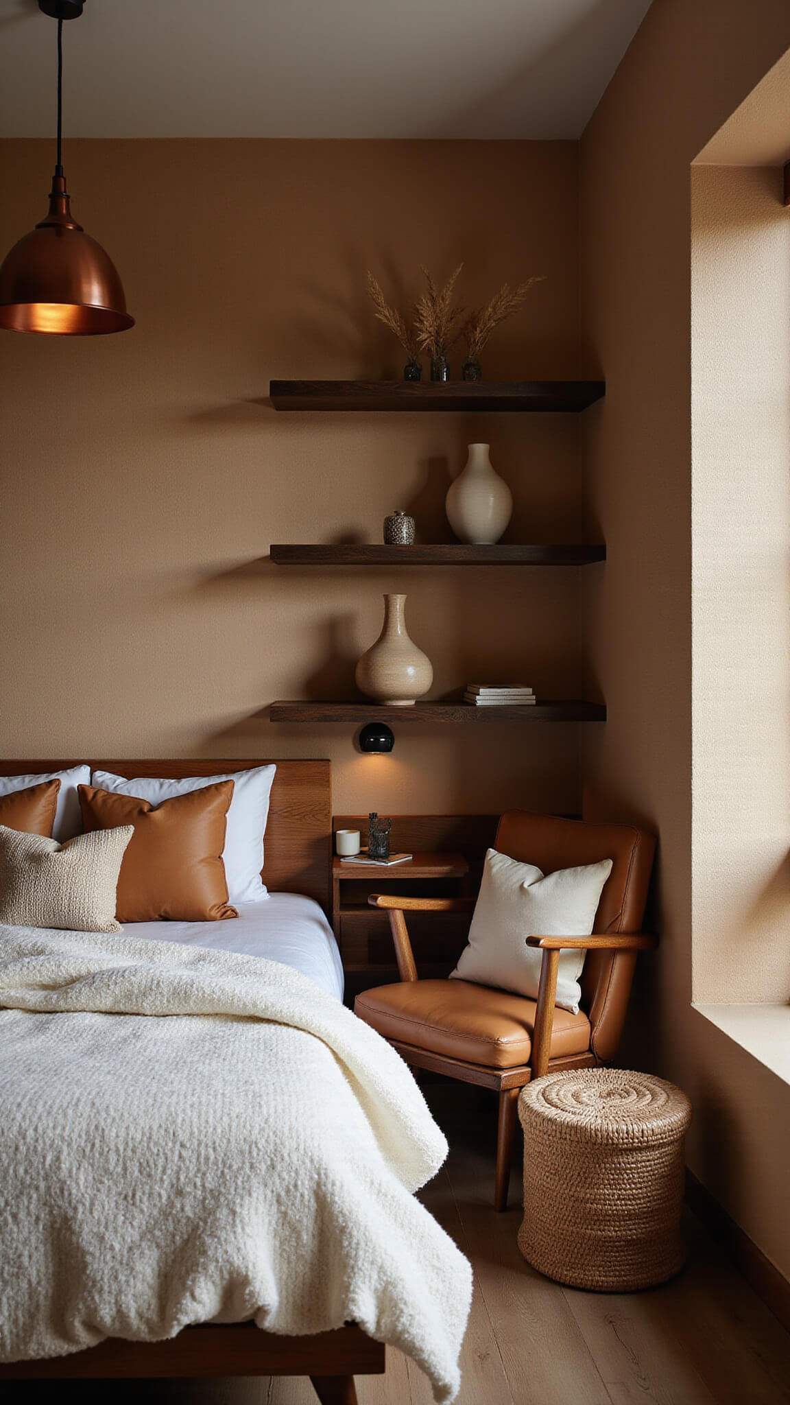 Cozy 12x12ft bedroom at twilight with low-profile bed, earth-toned linens, copper pendant light, leather reading nook, and textured decor.