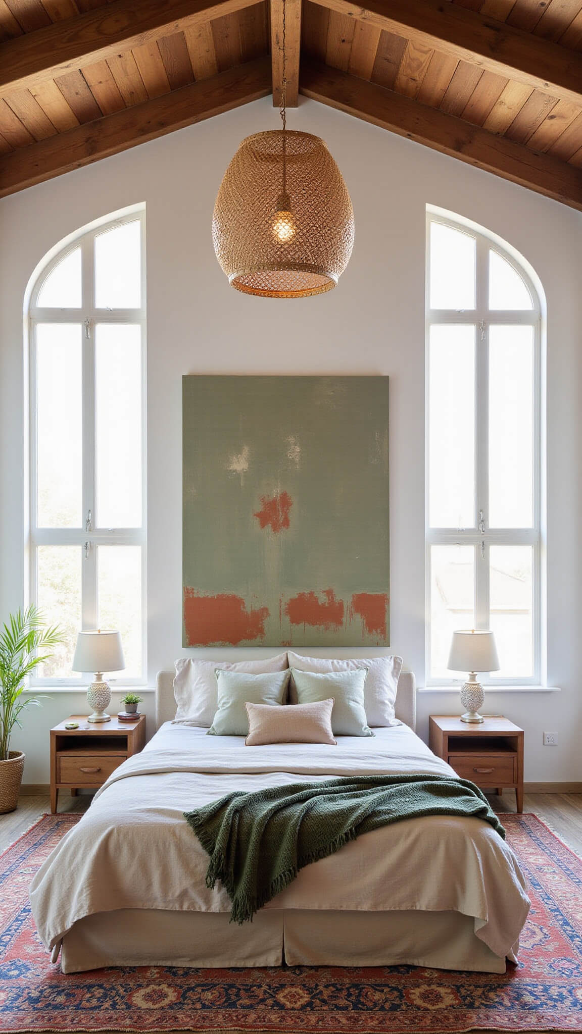 Bedroom with 16ft vaulted ceiling, exposed wooden beams, California king bed between arched windows, layered natural textiles, abstract sage and terra cotta artwork, rattan pendant lighting, and vintage Moroccan rug.
