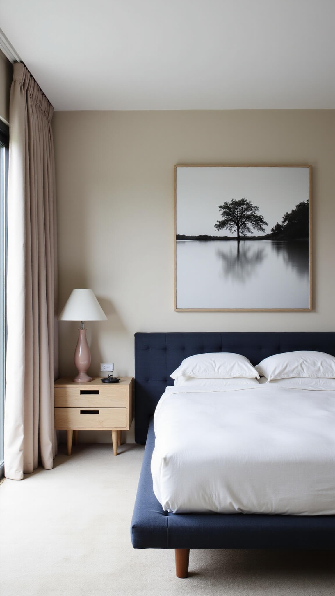 Minimalist 10x12ft bedroom with platform bed, navy headboard, pale clay walls, floating oak nightstands, ceramic lamps, sheer curtains, and black-and-white nature photography.