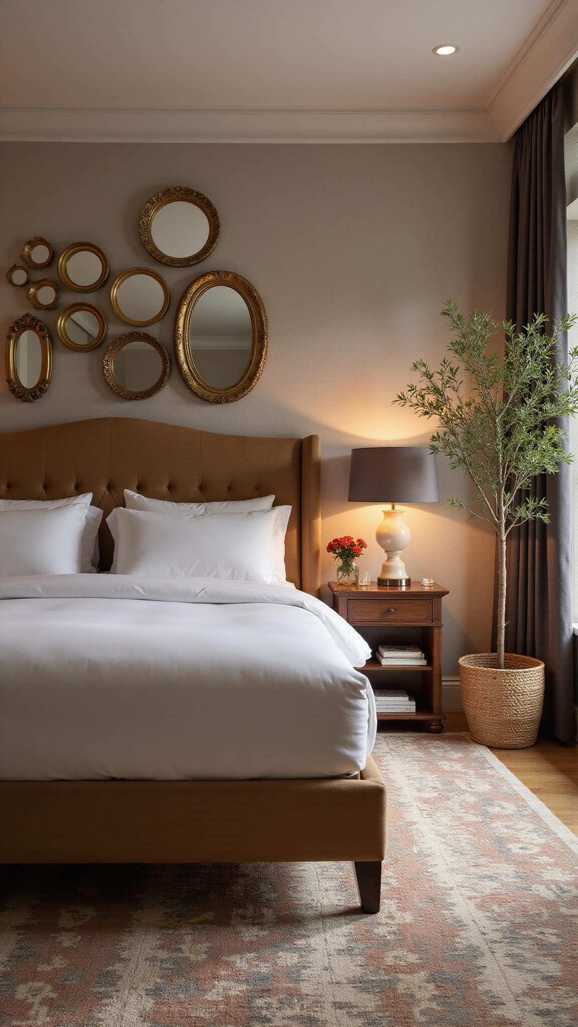 Contemporary primary suite at dusk with curved mushroom-toned bouclé headboard, vintage brass mirrors, abstract wool rug, and potted olive tree, showcasing layered lighting and organic glamour.