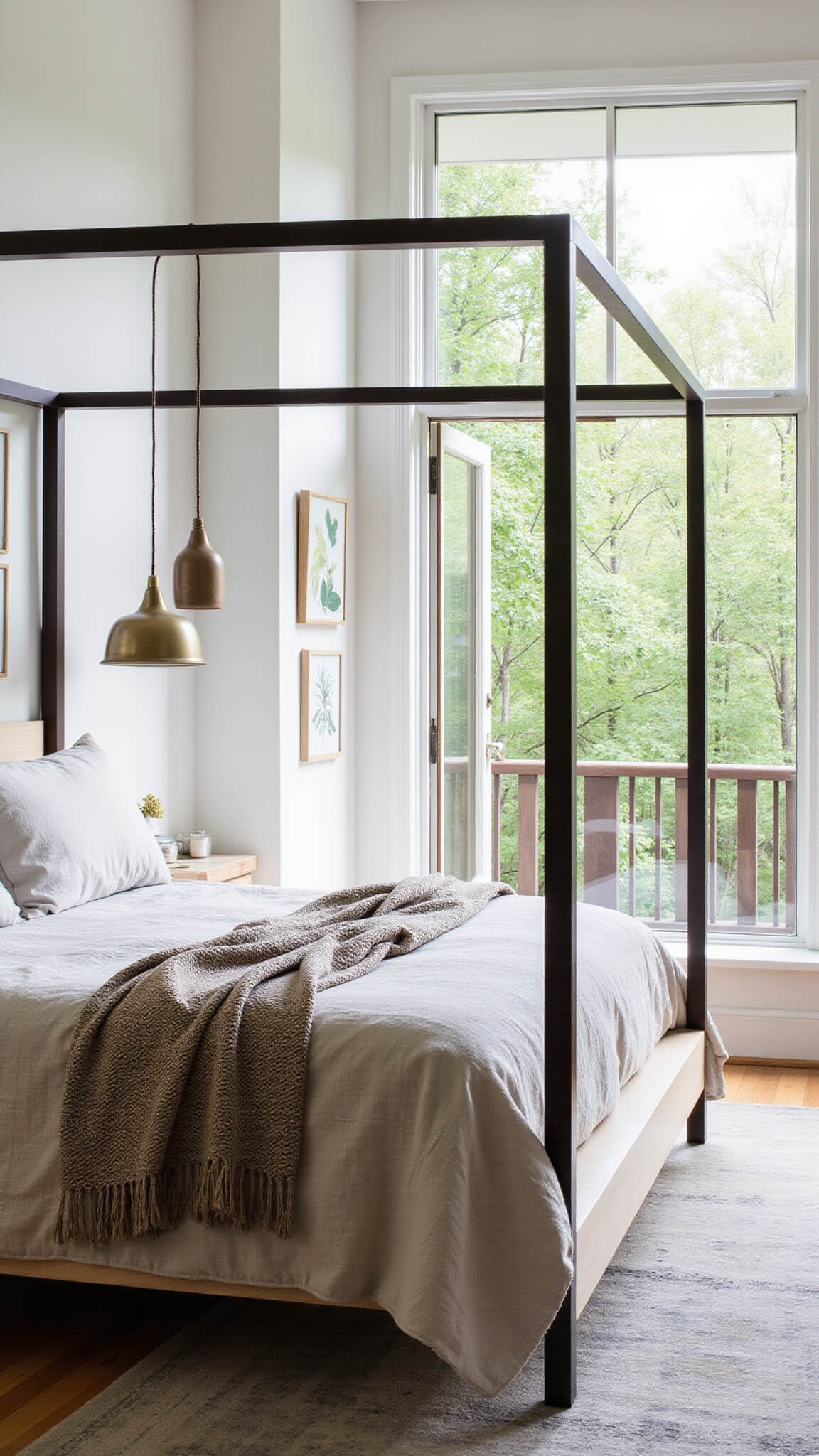 Sunlit 13x14ft bedroom with floor-to-ceiling windows, modern canopy bed in stonewashed linen, hanging ceramic pendant lights, botanical print gallery wall, and vintage forest-toned rug.