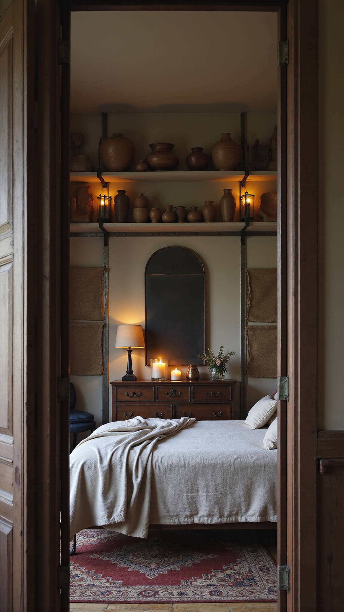 Moody evening view of textured 14x15ft bedroom featuring four-poster bed with gauzy eco-linen, earth-tone pottery on industrial shelves, arched mirror reflecting candlelight, and layered Turkish and sisal rugs.