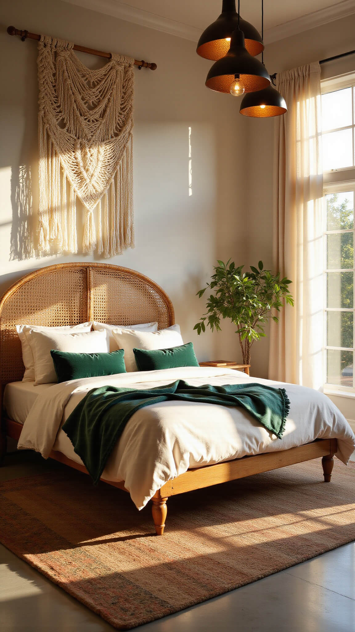 Low-angle view of a spacious bedroom with golden hour light, featuring a suspended rattan bed with ivory linens, emerald pillows, and a Persian rug, framed by macramé wall hangings and floor-to-ceiling windows.