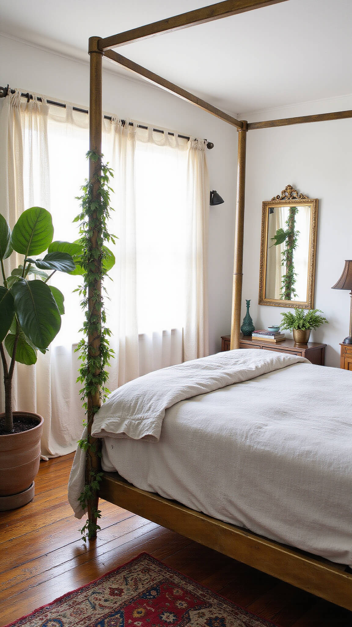 Boho bedroom with brass canopy bed, linen bedding, plants, layered Moroccan rugs, and morning light through sheer curtains.