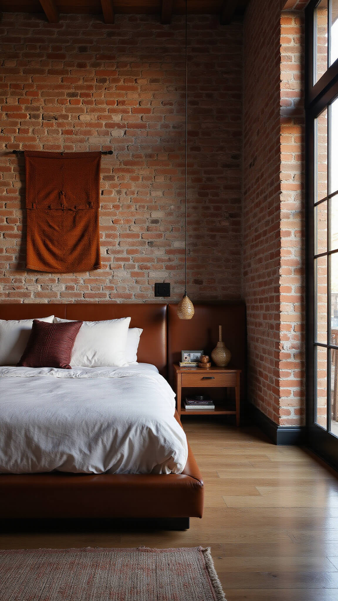 Wide-angle view of a cozy 14x16ft corner bedroom with exposed brick walls, a platform bed with a worn leather headboard, ochre and burgundy tapestries, global artifacts, rattan pendant lights casting shadows, and dramatic side lighting enhancing textures.
