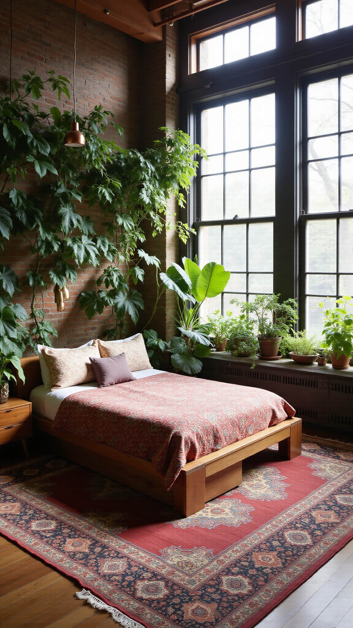 Sunlit loft bedroom with high ceilings, vintage rugs, reclaimed wood bed, lush green plants, and hanging copper and brass pendant lights.