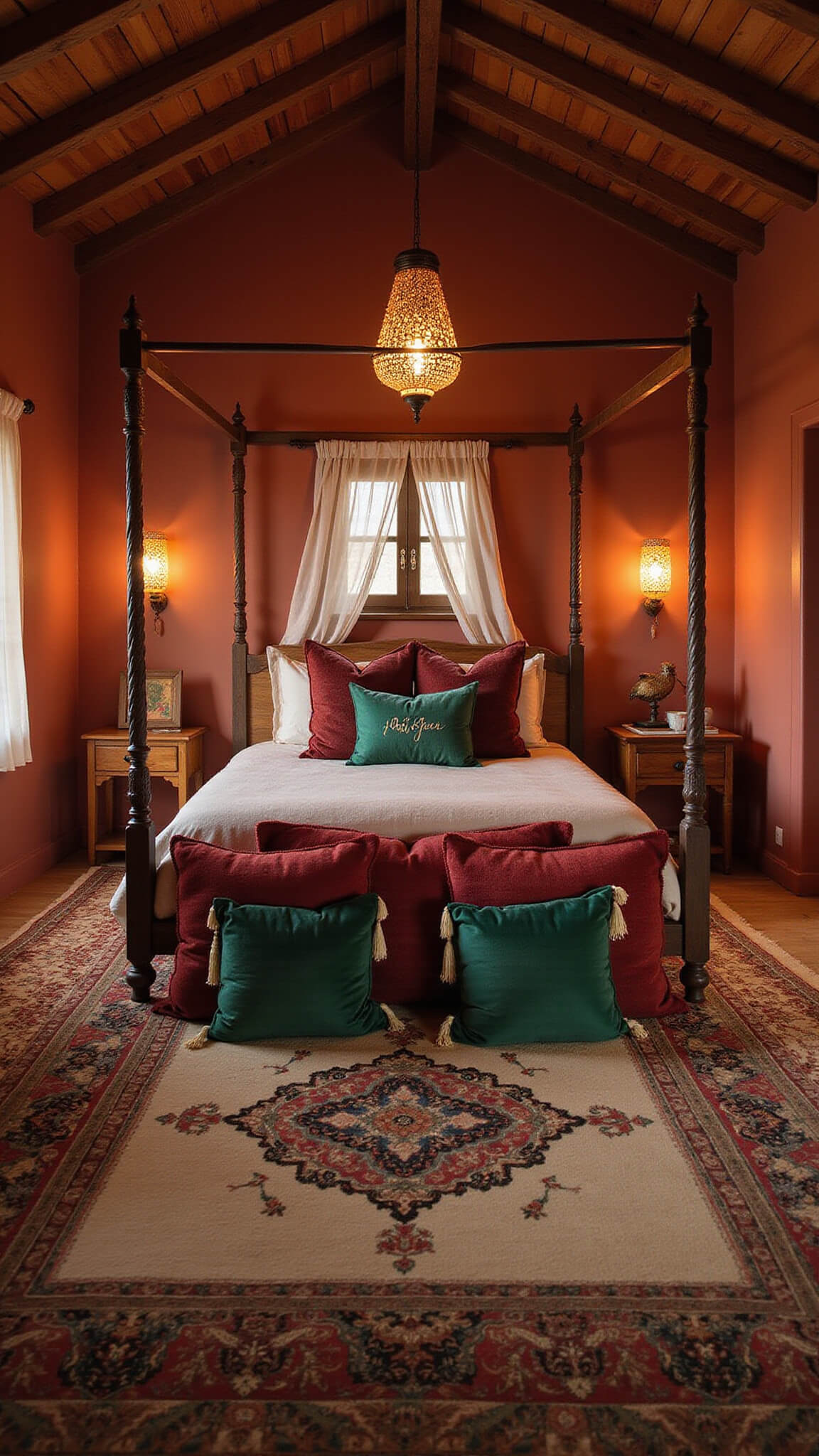 Cozy 10x12ft bedroom at twilight with warm clay walls, four-poster bed in white linens, Moroccan lanterns casting patterns, and rich-colored cushions amidst wooden artifacts.