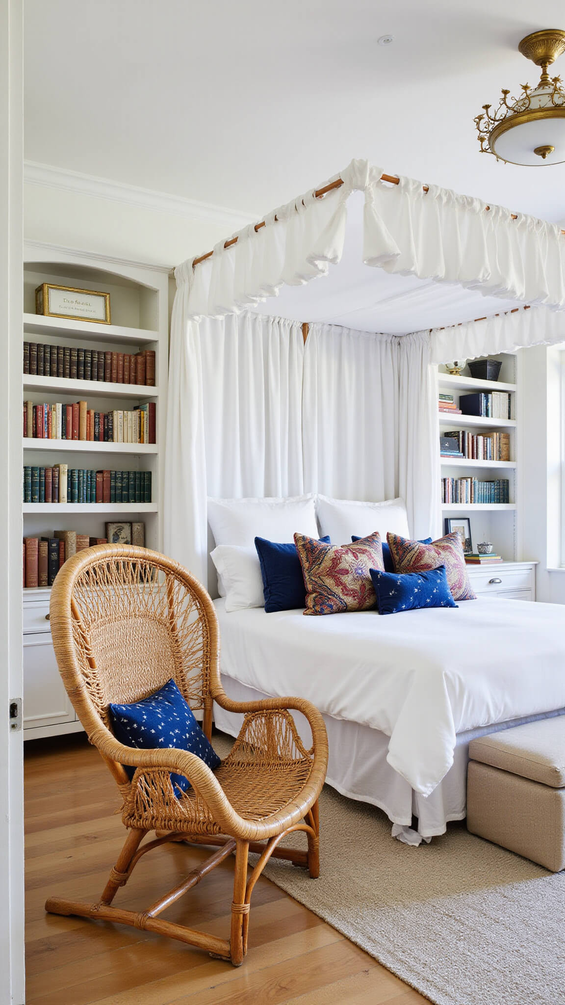 Spacious primary suite with canopy bed, white linens, indigo and kilim pillows, rattan peacock chair, floor-to-ceiling bookshelves, and bright natural light.