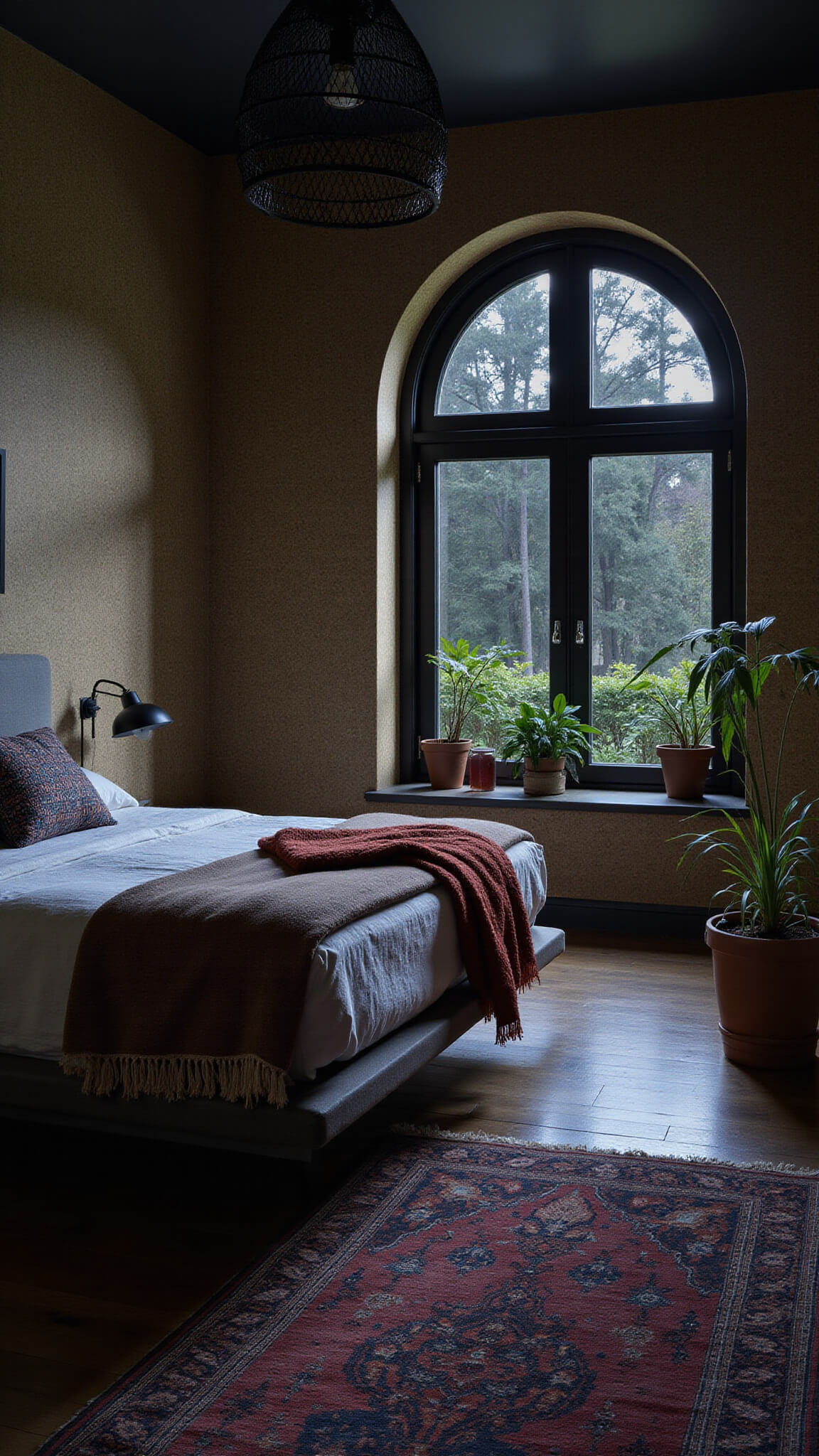 Moody 14x14ft bedroom at blue hour with low platform bed, hand-dyed textiles, black rattan pendant casting shadows on textured walls, vintage Persian runner, arched window framed by plants, and a cozy reading nook.