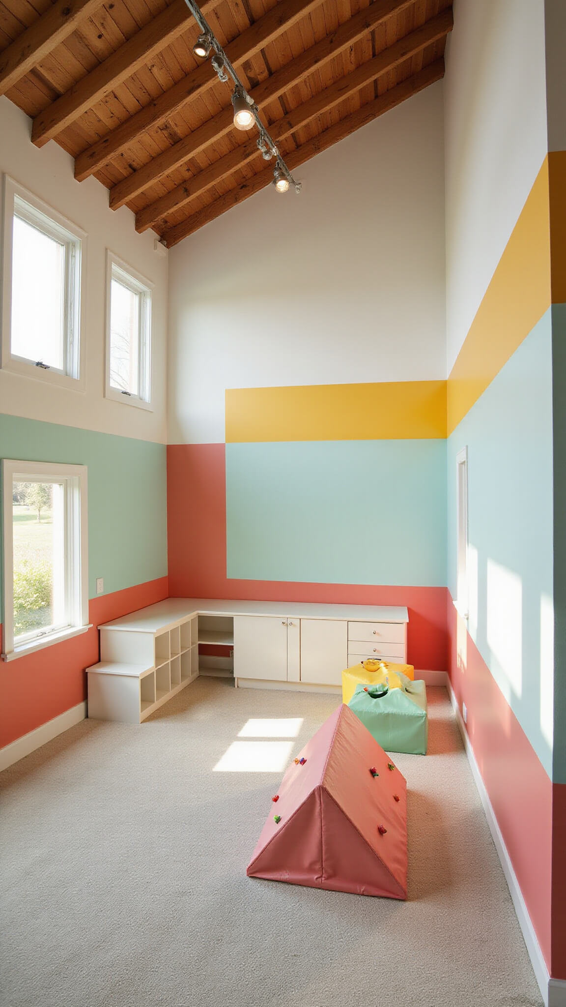 Sunlit basement playroom with colorful walls, climbing structure, soft mats, and built-in white storage cubes, viewed from high corner angle.