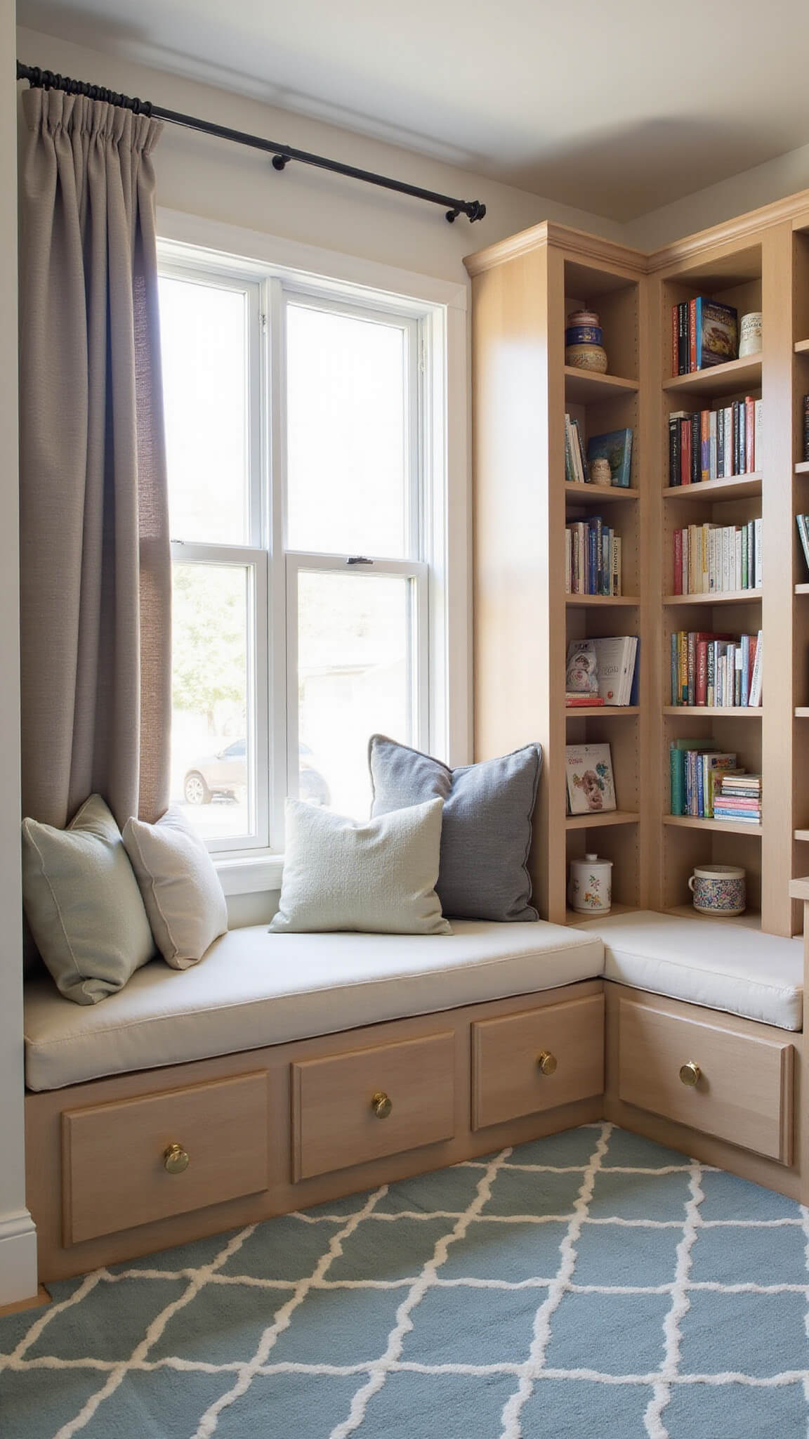 Cozy basement reading nook with window seat, built-in bookshelves, and soft sunlight filtering through sheer curtains.