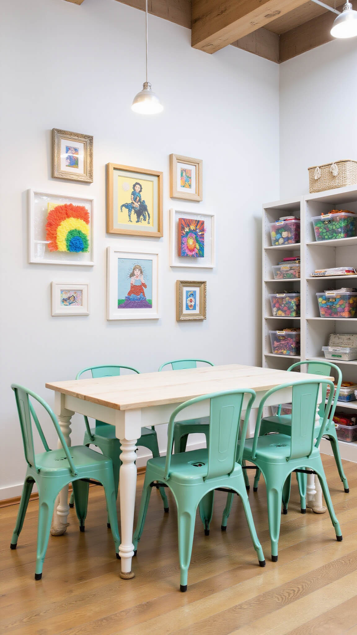 Creative zone with children's artwork on white walls, central pine craft table with mint chairs, organized art supplies on open shelves, viewed from elevated angle.