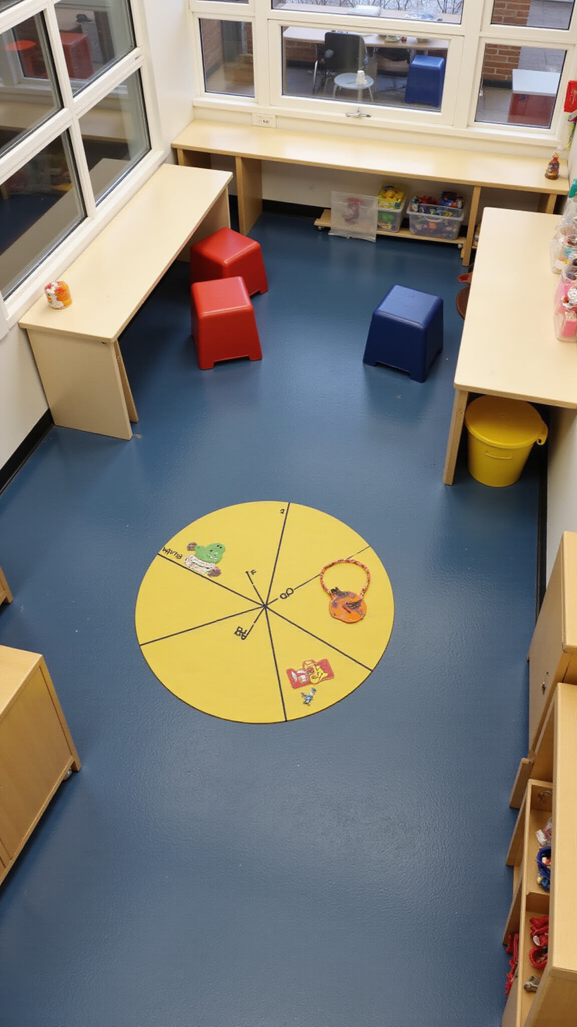 Aerial view of 20'x20' play space with modular primary-colored furniture, navy and white storage, and patterned rubber flooring.