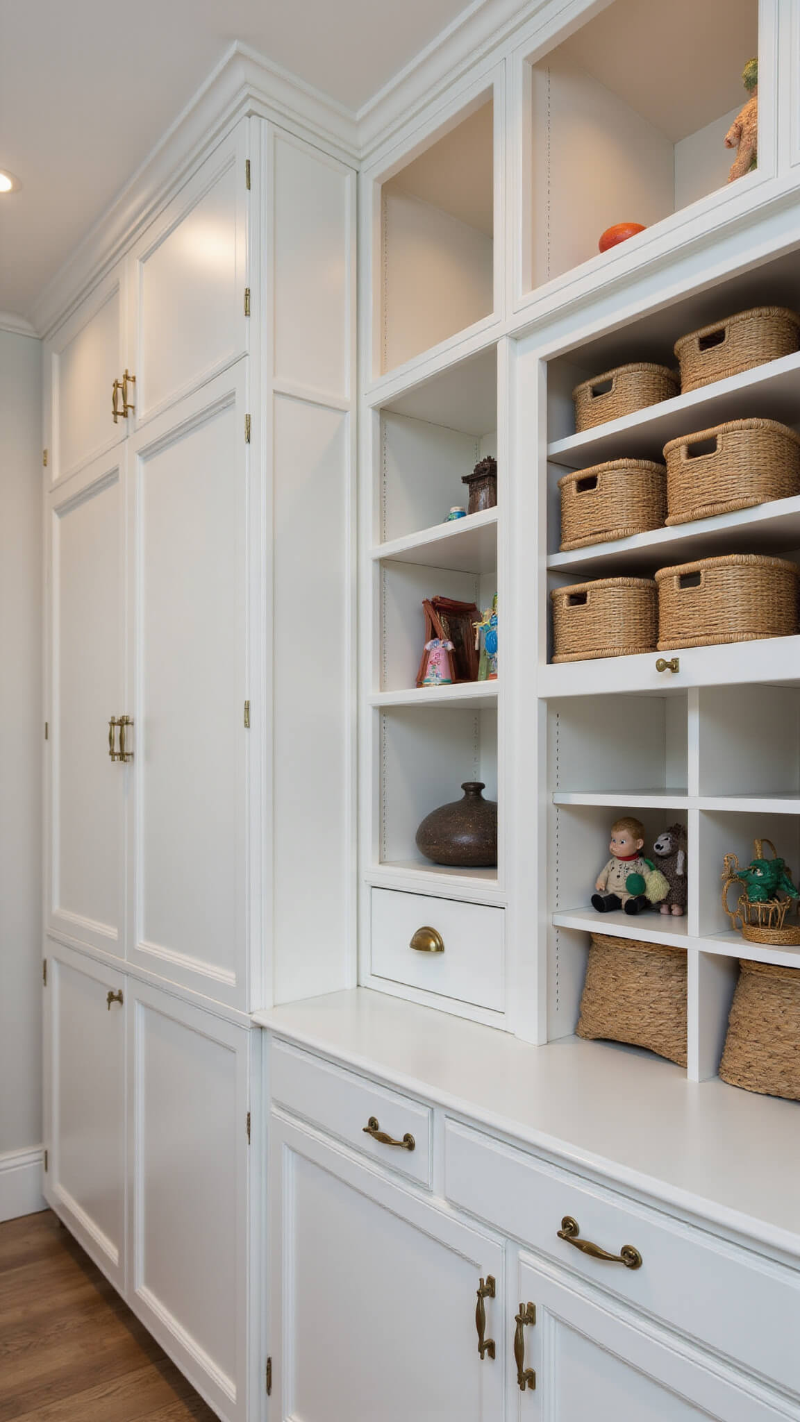 Close-up of custom white lacquer storage wall with brass hardware, featuring open shelves, closed cabinets, pull-out bins, and accent lighting highlighting toy displays.