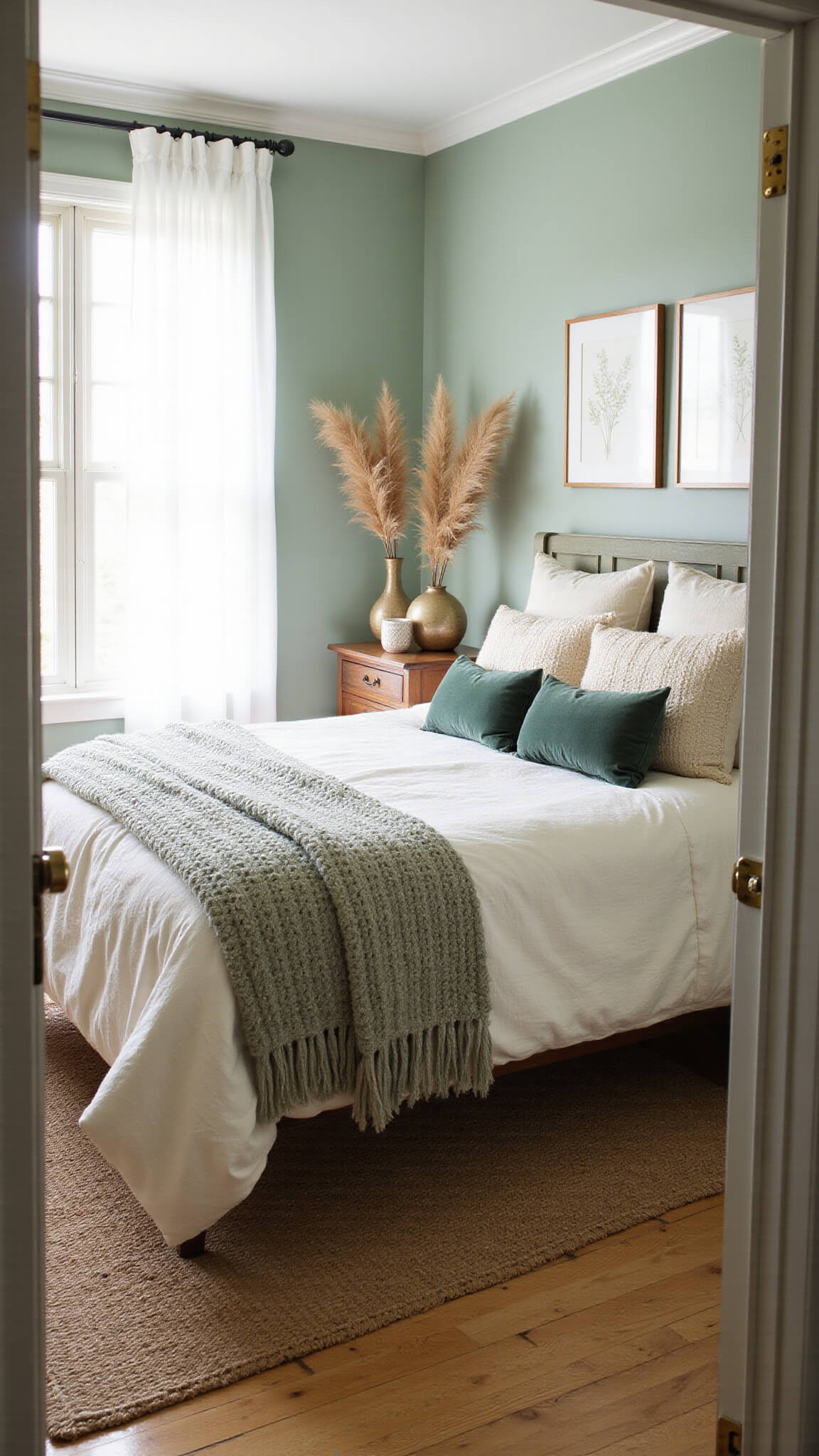 Serene sage green bedroom with queen bed, layered linens, vintage nightstands, pampas grass, and botanical gallery wall, lit by soft morning light through tall windows.