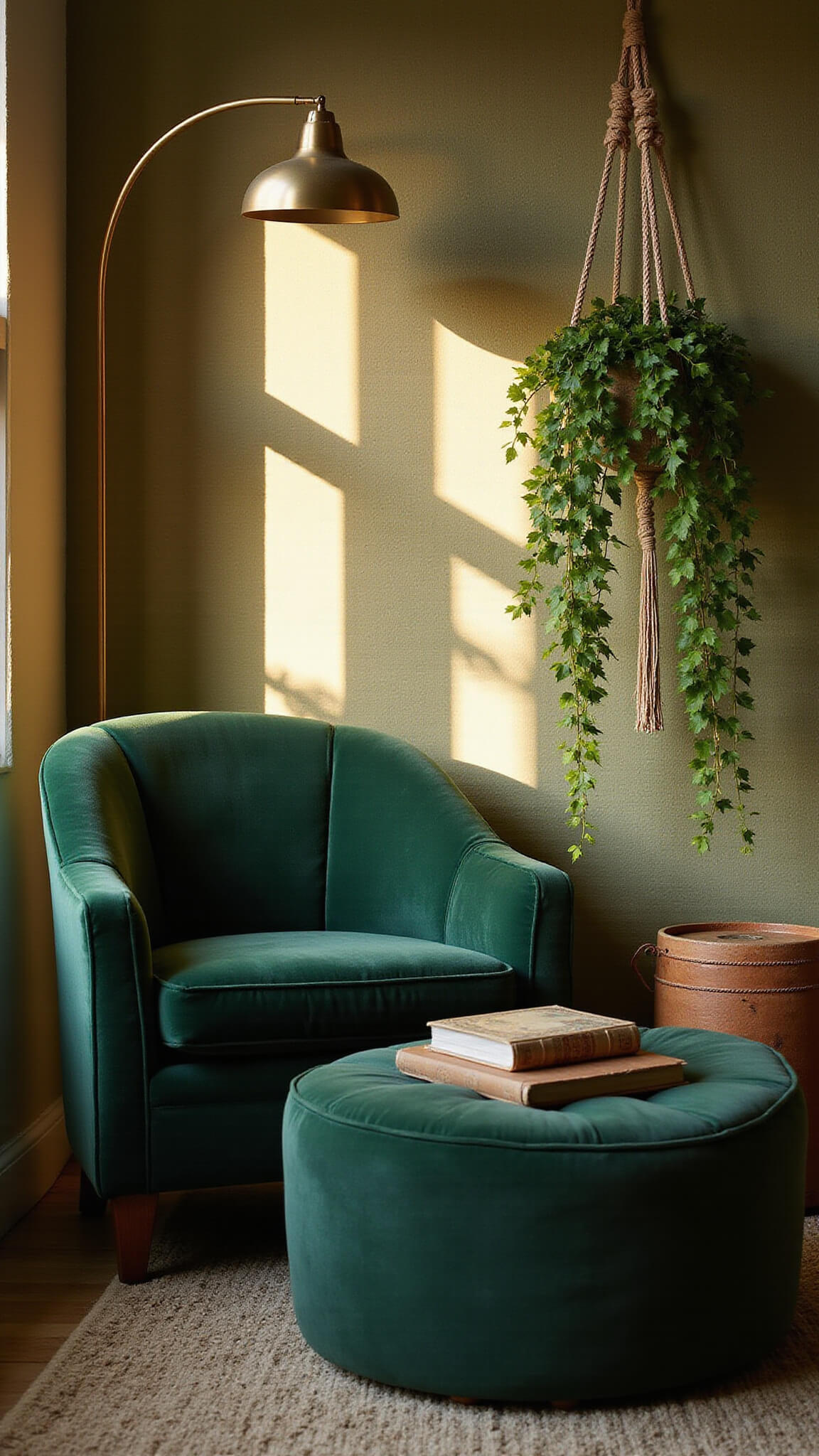 Close-up of a cozy forest green reading nook with velvet chair, vintage books on leather ottoman, brass floor lamp, and trailing pothos, bathed in golden hour light.