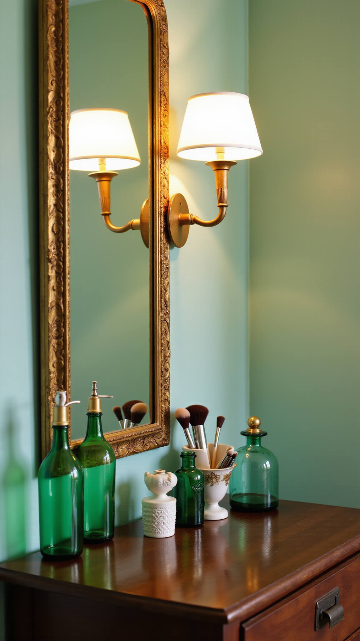 Mint green vanity at dusk with antique gold mirror, ceramic brush holders, emerald glass bottles, and vintage perfume atomizers on dark wood furniture against pale sage walls.