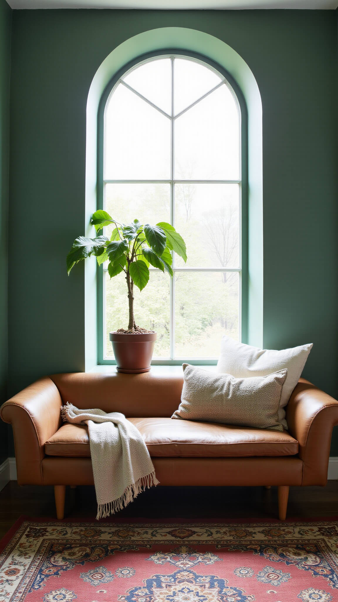 Hunter green accent wall with arched window casting shadows through fiddle leaf fig, mid-century cognac bench below with pillows and throw, vintage Persian rug on floor.