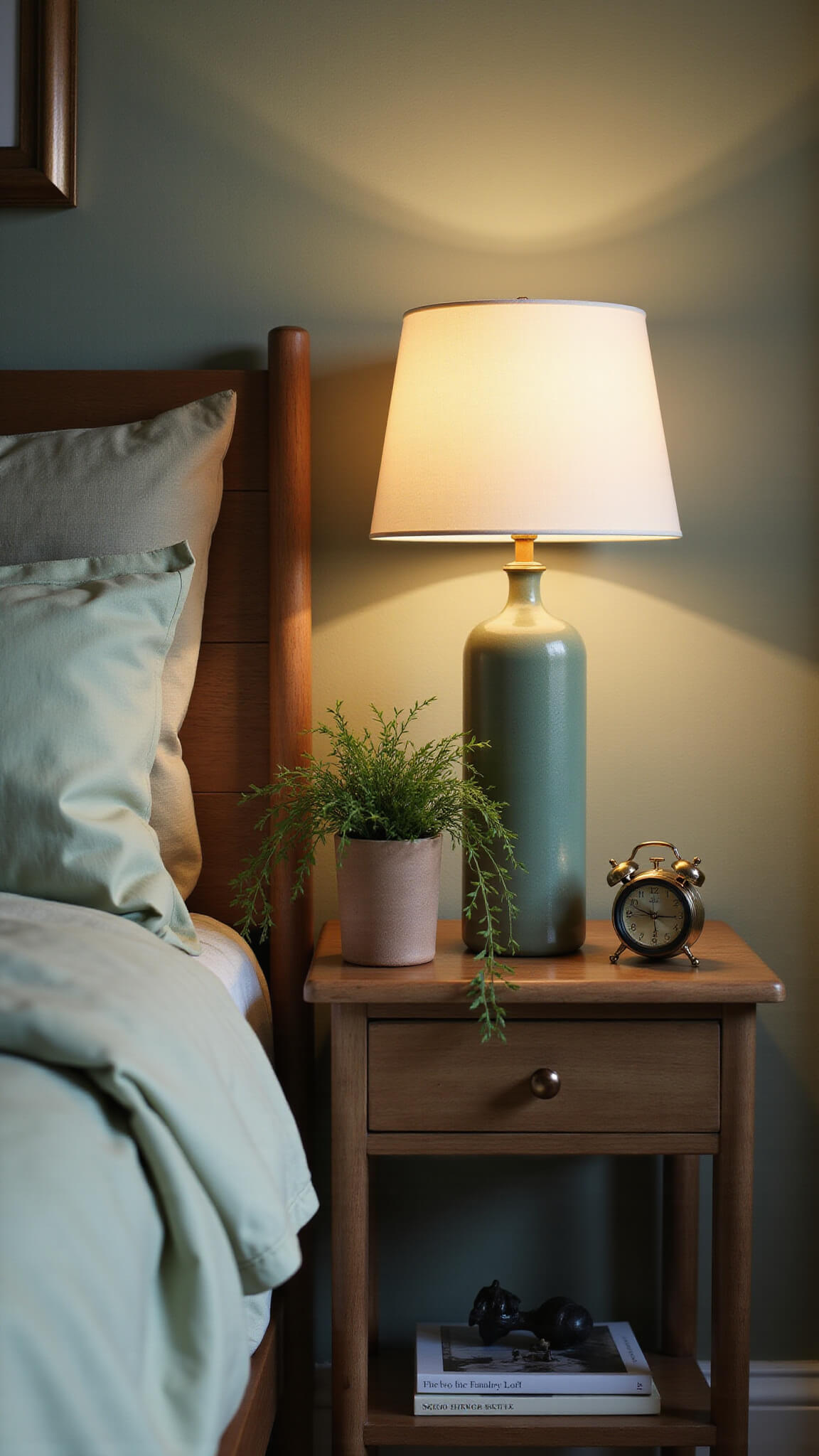 Cozy bedside scene with ceramic lamp, brass clock, small artwork, and trailing vine in muted sage and natural wood tones at twilight.