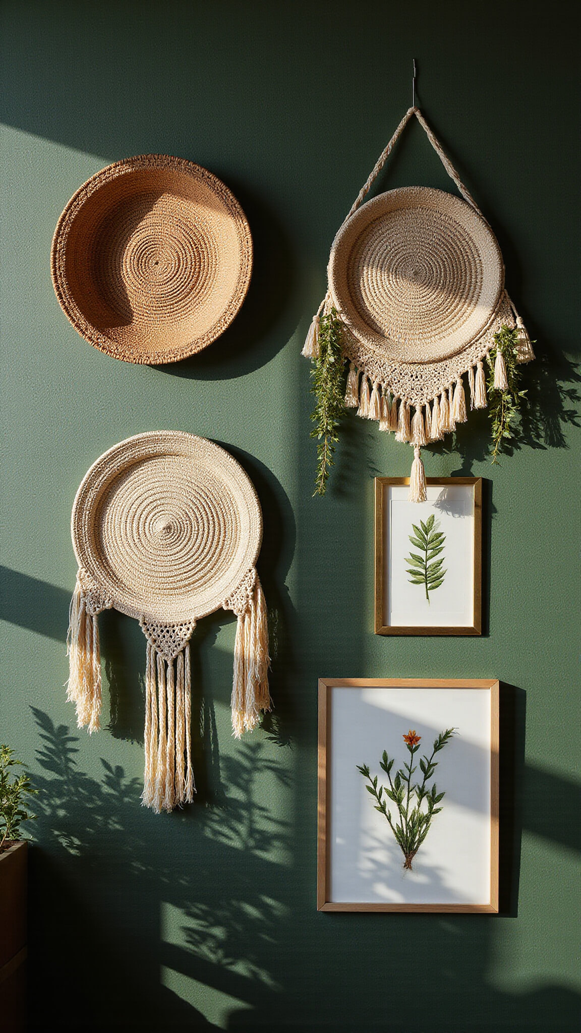 Close-up of a textured forest green wall with woven baskets, macramé hangings, brass-framed botanical prints, and trailing plants lit by late afternoon sunlight casting soft shadows.
