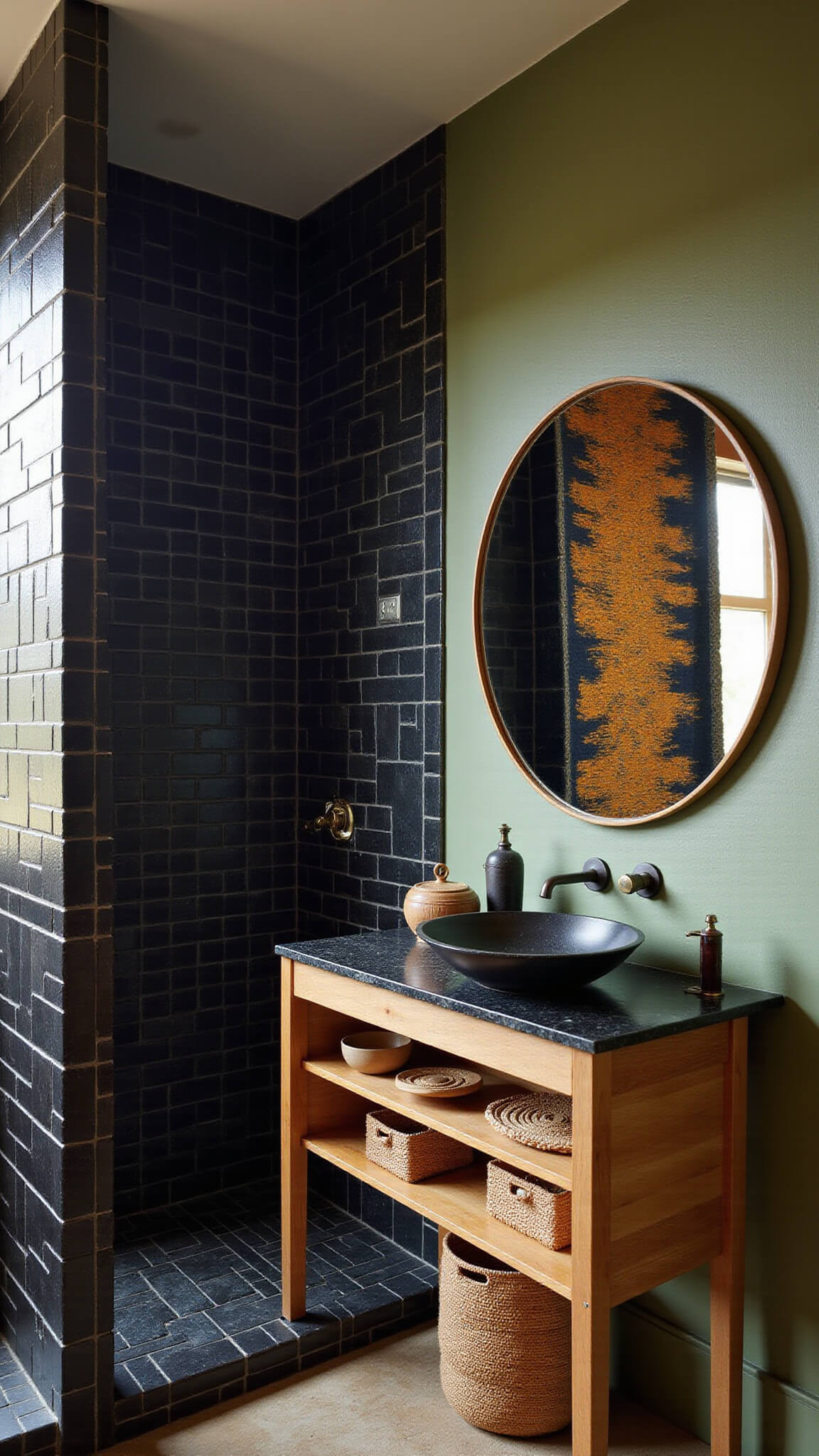 Luxury Afrohemian spa bathroom at dawn with black tiled shower, sage green plaster walls, brass-framed mirror, floating wooden vanity, tribal decor, and textile art installation.