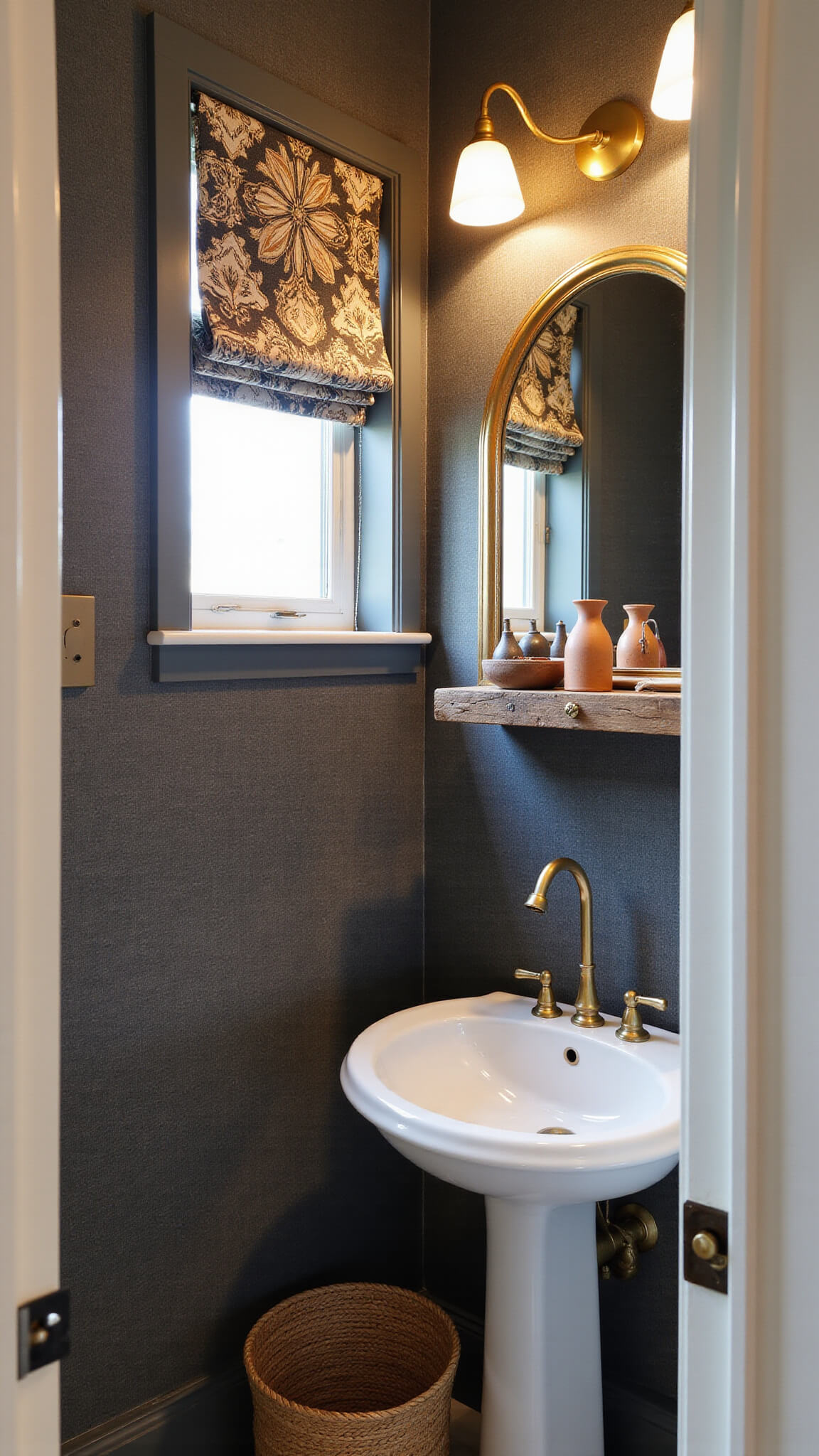 Charcoal grasscloth powder room with vintage brass mirror, floating wood shelf with terracotta vessels, Ankara-print roman shade, and brass fixtures.