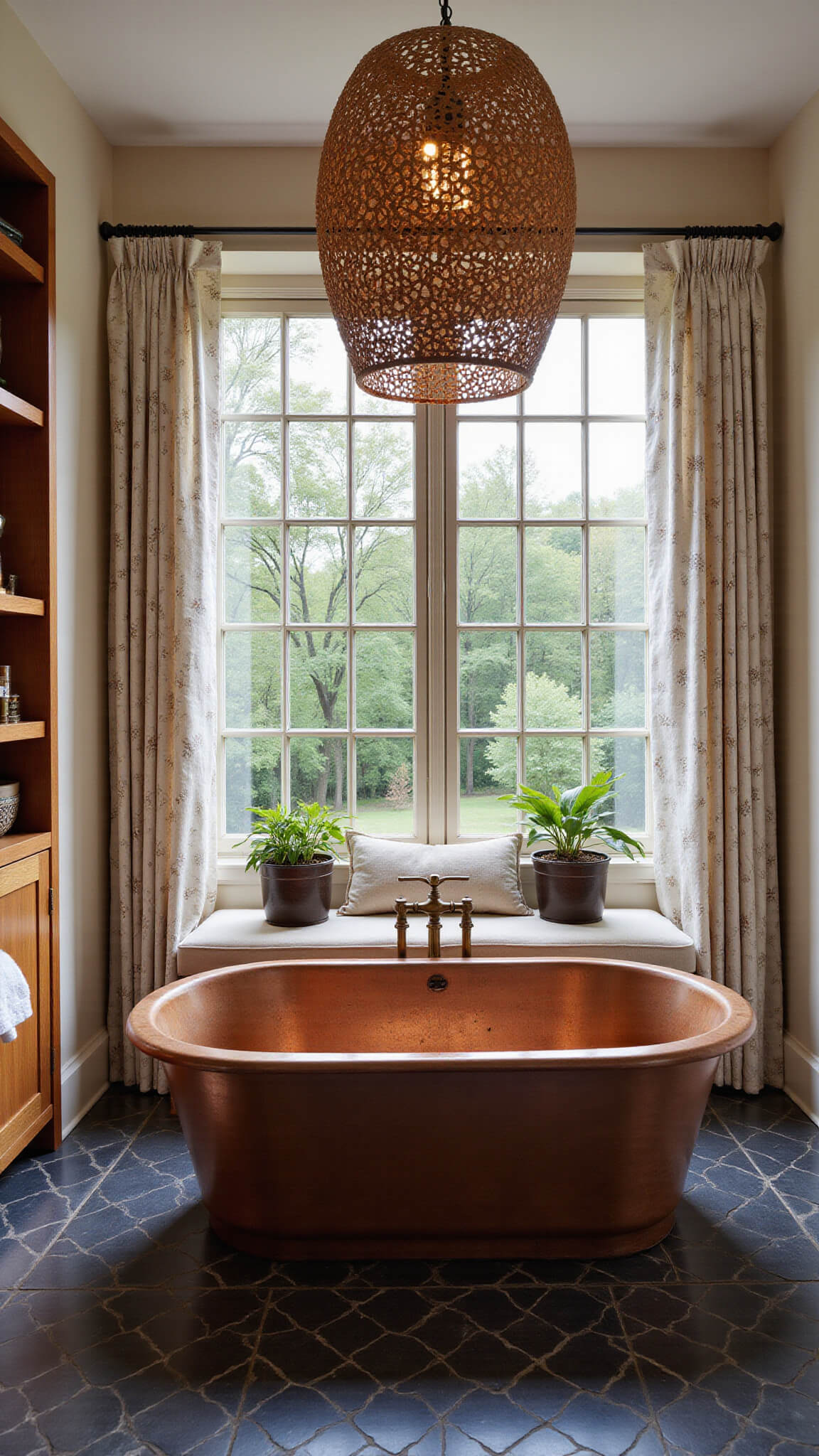 Master bathroom with copper soaking tub on dark herringbone floor, floor-to-ceiling windows with layered textiles, teak shelving, rattan pendant, and mud cloth bench.