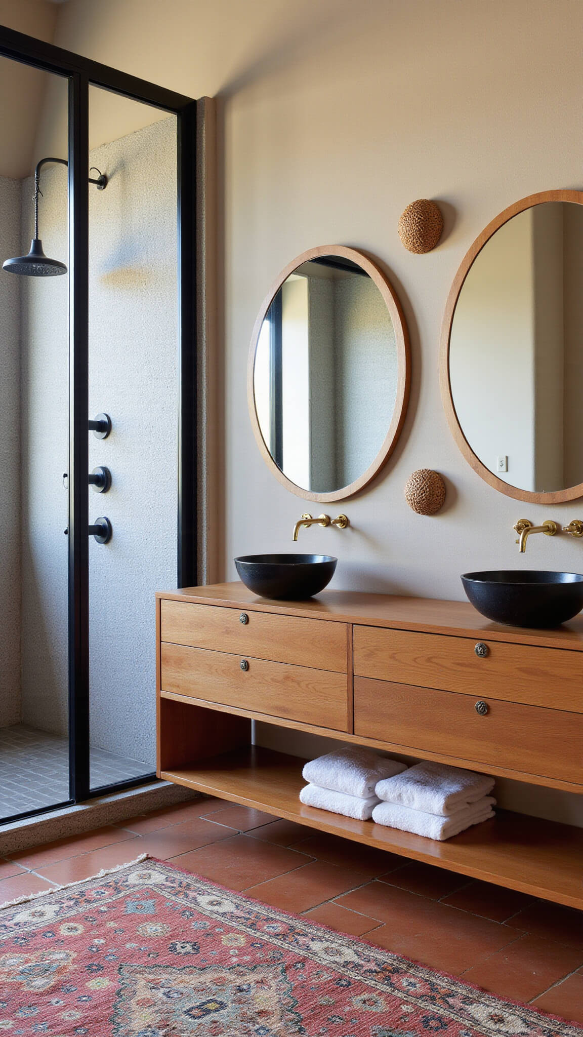 Modern Afrohemian bathroom with black steel-framed shower, teak floating double vanity, vessel sinks, circular mirrors, and Moroccan rug over terra cotta tiles.
