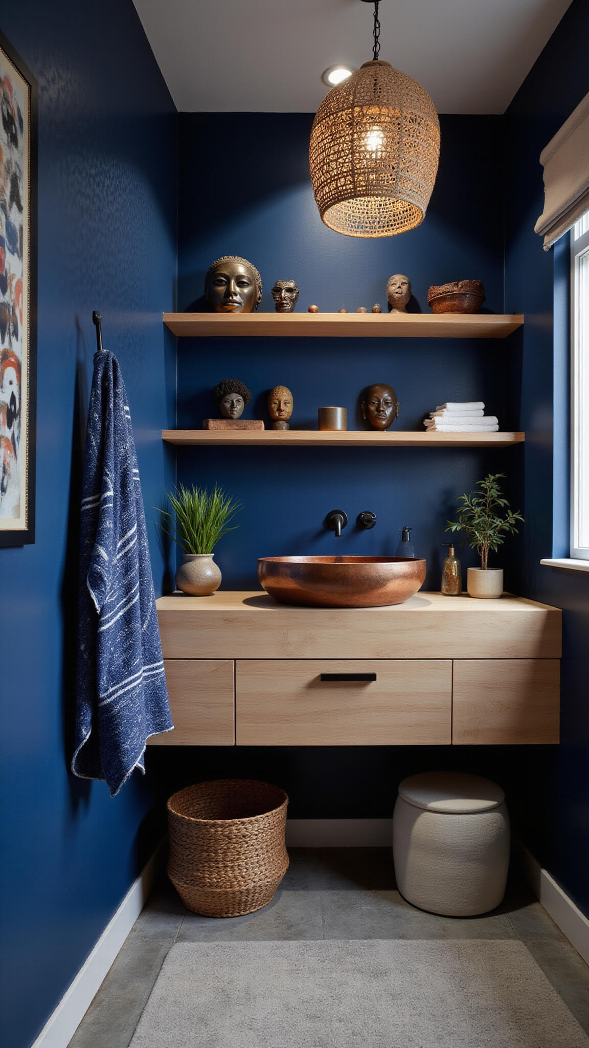 Compact urban bathroom with indigo accent wall, tribal patterns, floating bleached oak vanity, copper sink, cultural artifacts, rattan lighting, and mud cloth art during blue hour.