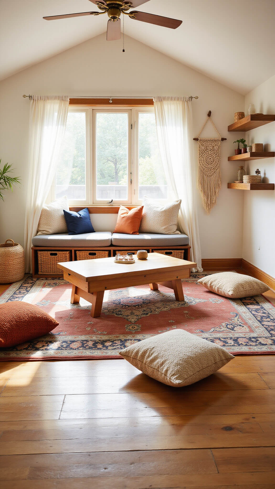 Boho-style sunlit playroom with vaulted ceilings, vintage rug, wooden activity table, rattan poufs, and macramé wall decor, captured with soft depth and warm lighting.