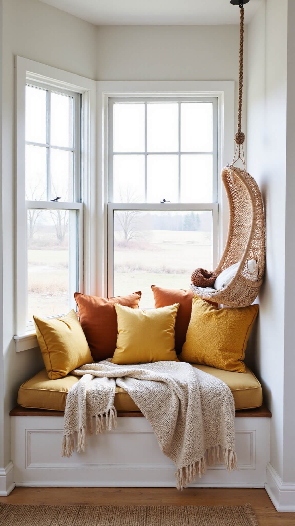 Cozy 8x8ft reading nook with window bench, layered cushions in warm tones, rattan hanging chair with knit throw, and textured rugs illuminated by soft morning light.