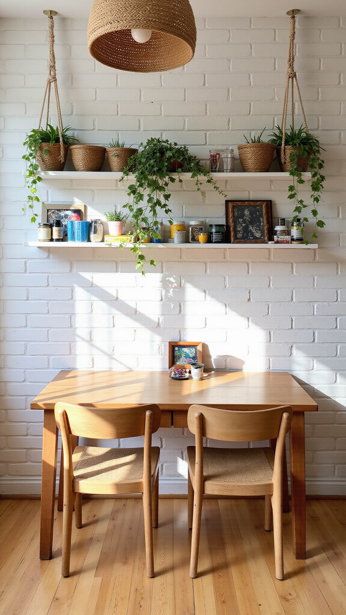 12x12ft creative art space with white-washed brick wall, reclaimed wood table, vintage chairs, woven baskets of art supplies on open shelves, macramé pothos hangers, and geometric shadows from rattan lamp in natural afternoon light.