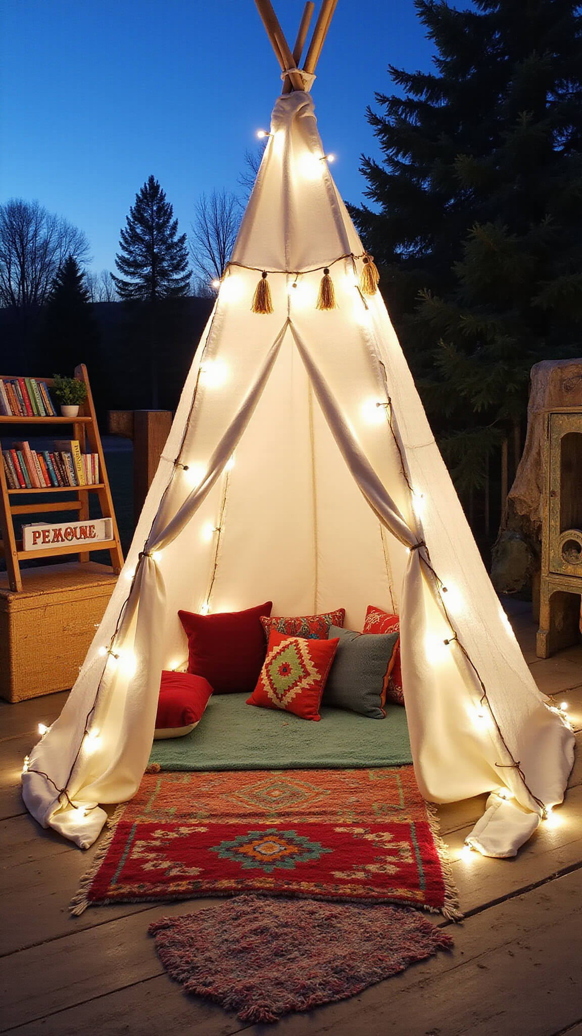 Child's eye view of a cozy play tent with fairy lights, vintage tassels, and layered textiles, set in warm lighting during blue hour.