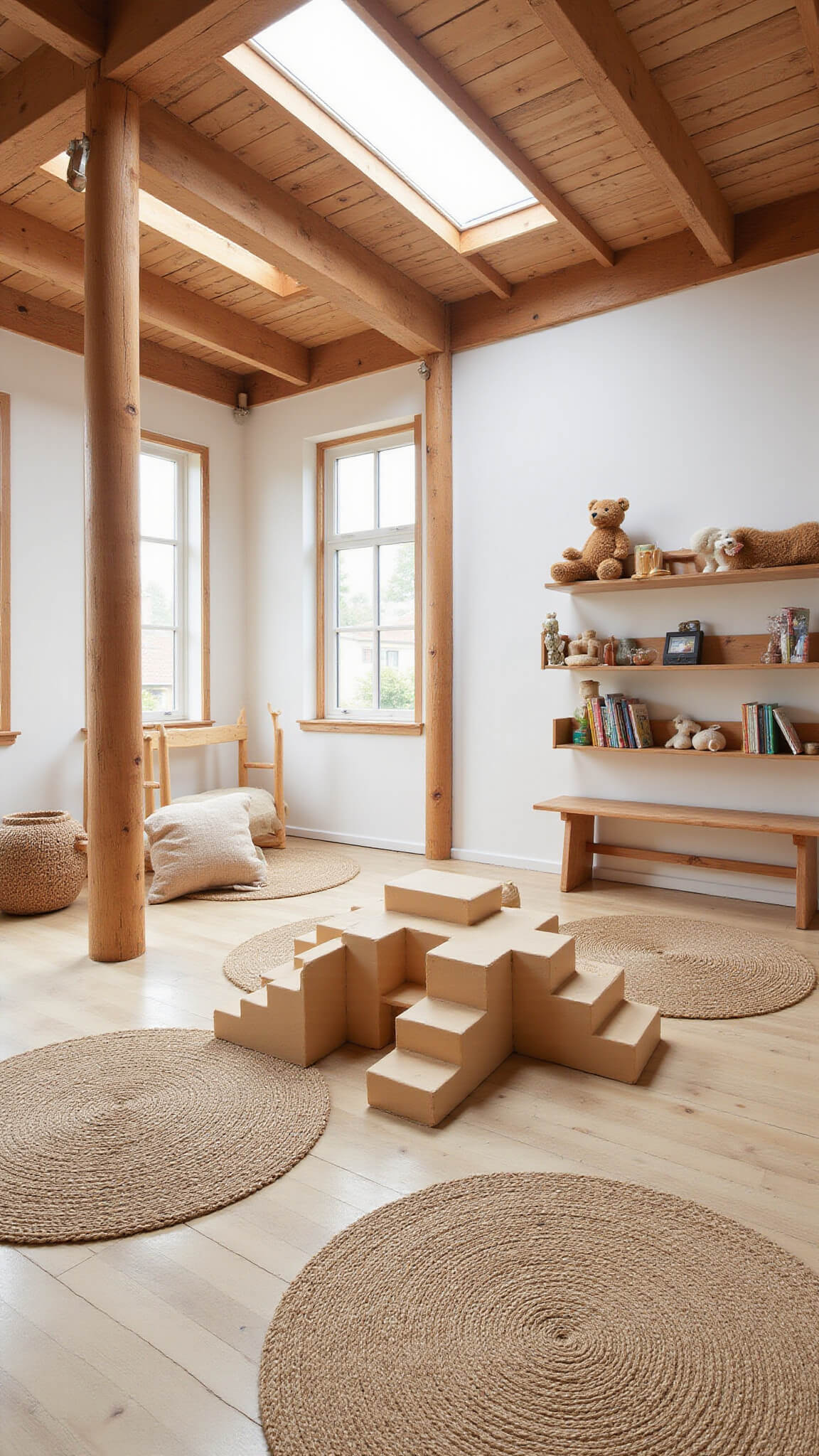 Elevated view of a nature-inspired children's activity zone with exposed wooden beams, skylights, a central wooden climbing structure, earth-toned jute and wool rugs, and rattan wall shelves displaying natural toys and books.
