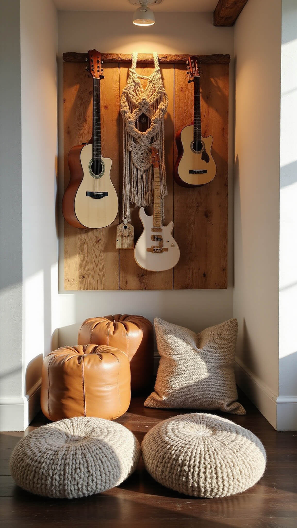 Whimsical 8x10ft music nook with macramé-style acoustic panels, wooden instruments on reclaimed wood, leather poufs, chunky knit cushions, bathed in golden hour light.