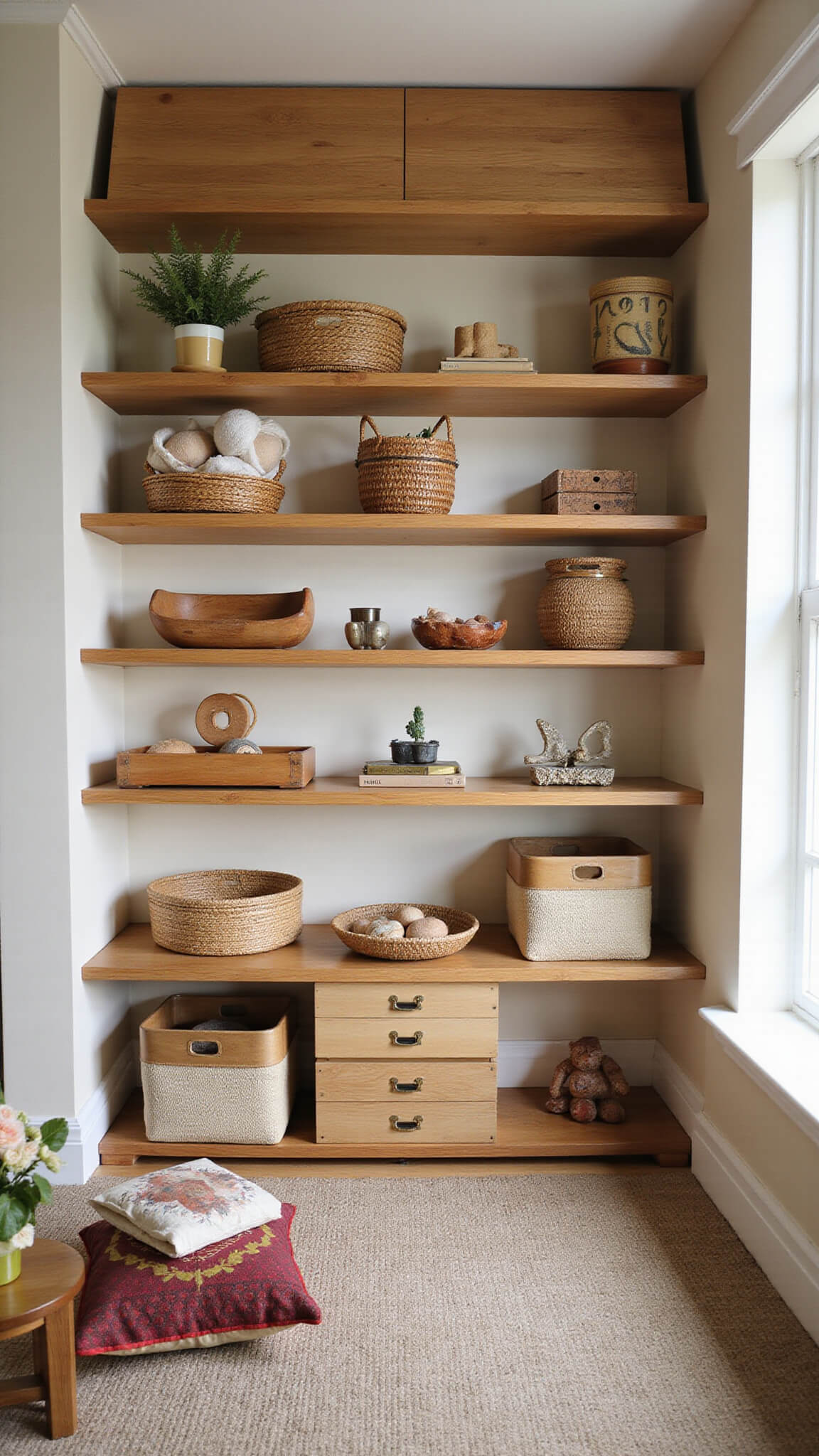 Eco-friendly 12x14ft storage room with bamboo shelves, sustainable toys in baskets and crates, and a cozy meditation corner with floor cushions and a brass-accented table.