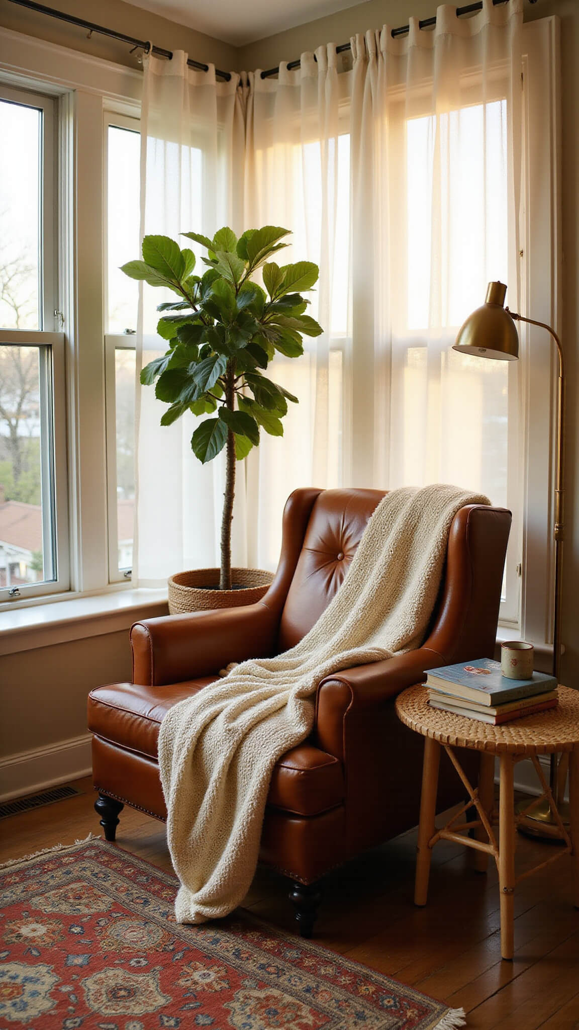 Golden hour reading nook with vintage leather armchair, billowing white curtains, layered rugs, and backlit fiddle leaf fig beside a brass lamp.