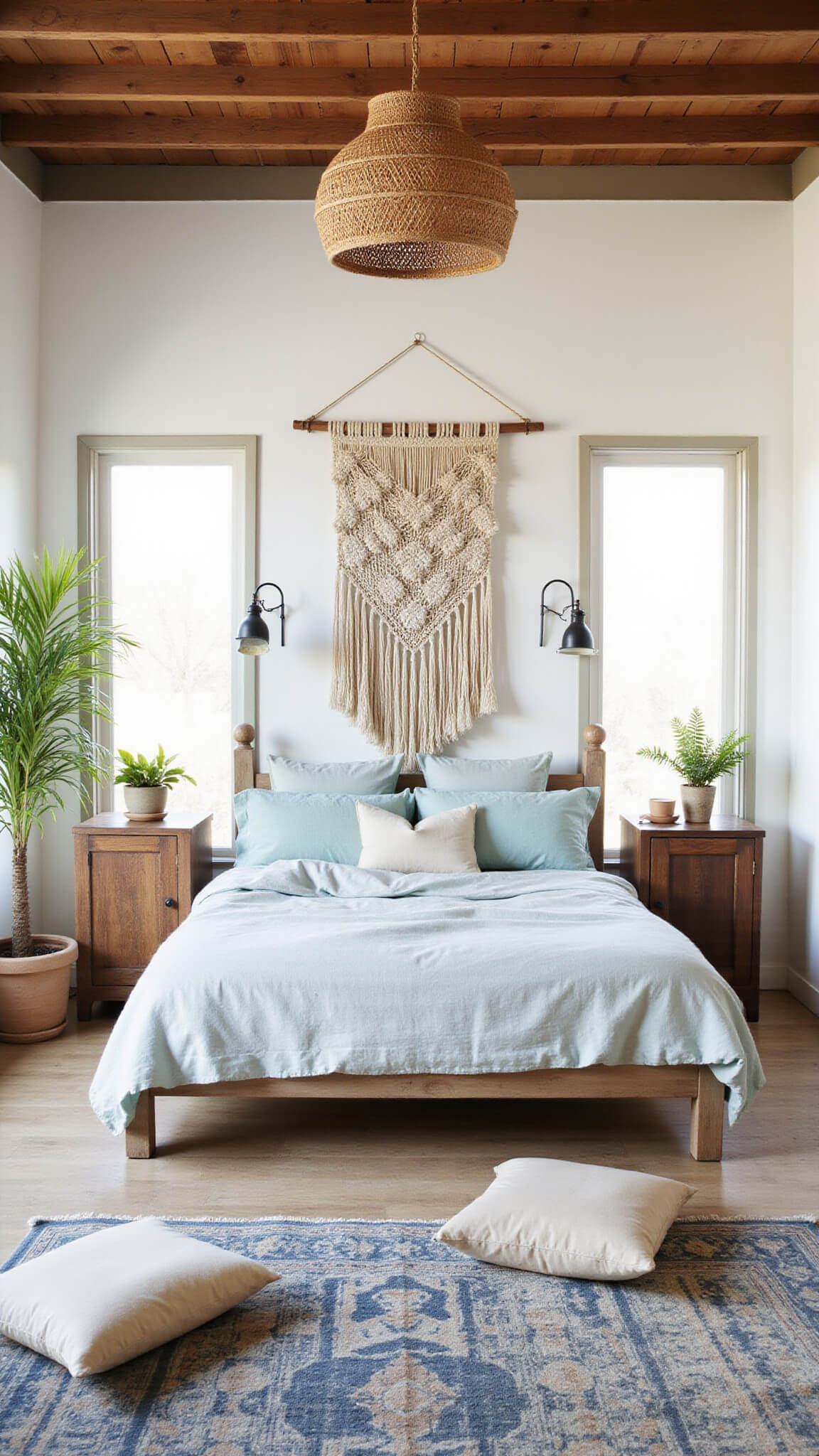 Airy 14x16ft bedroom with seafoam blue linen bedding, macramé wall hanging, rattan pendant lights, and vintage indigo rug, bathed in soft morning light.