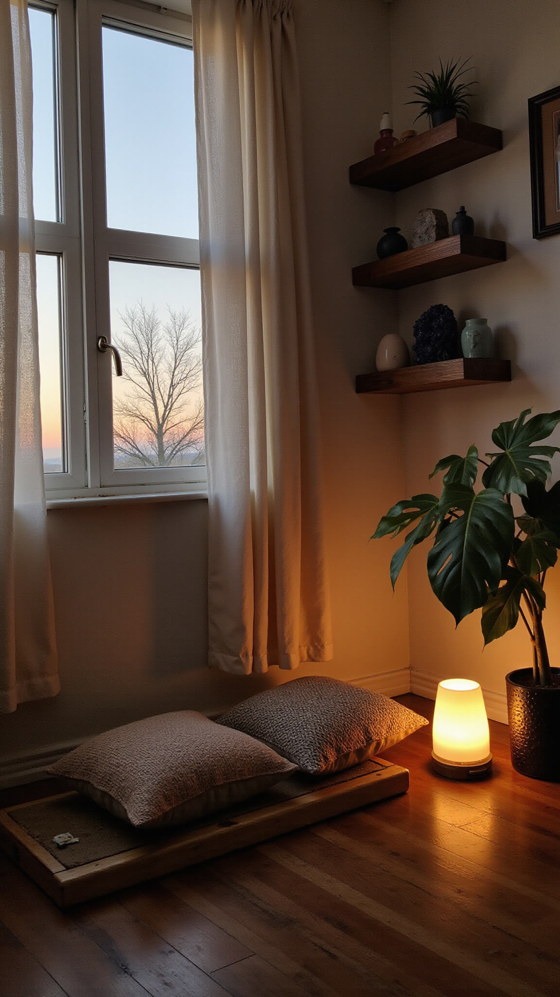 Twilight-lit meditation space with bamboo platform, sheer drapes, crystals, ceramics, and soft salt lamp glow.