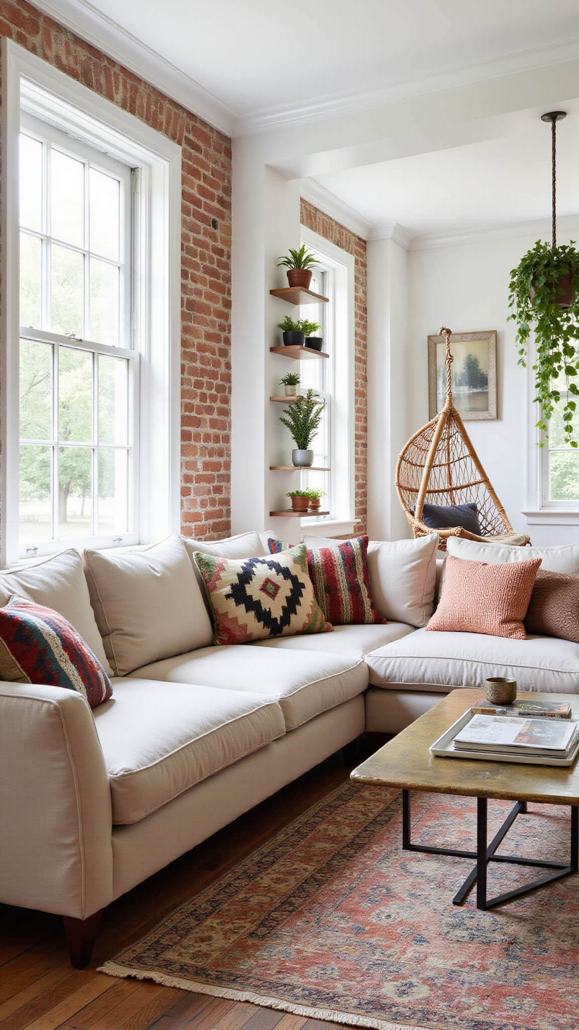 Bright, spacious living room with white brick wall, high ceilings, linen sectional, vintage rugs, rattan chair, and hanging plants.
