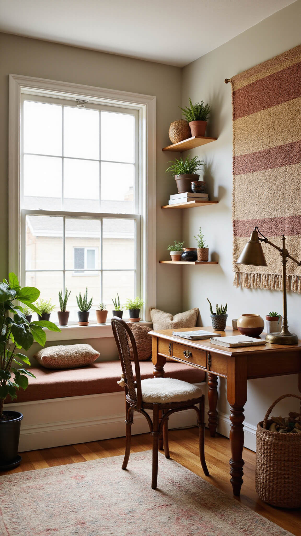 Cozy 10x12ft home office corner at dawn with built-in window seat, vintage desk, rattan chair, and warm morning backlight.