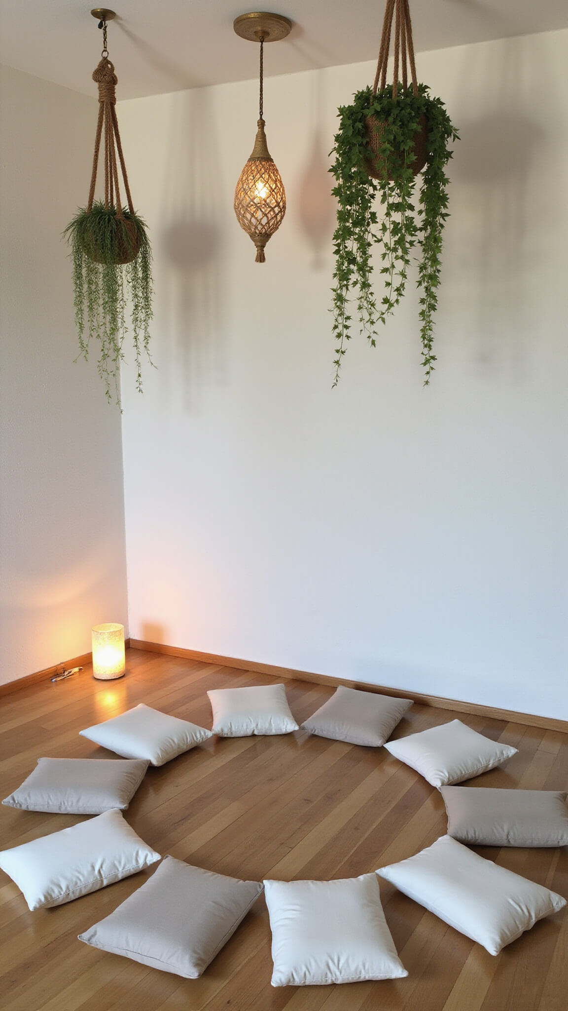 Aerial view of serene 16x14ft yoga space at dusk with light oak flooring, white textured plaster walls, circular arrangement of silk and linen floor cushions, macramé plant holders, Himalayan salt lamps, and Moroccan lanterns casting shadows.