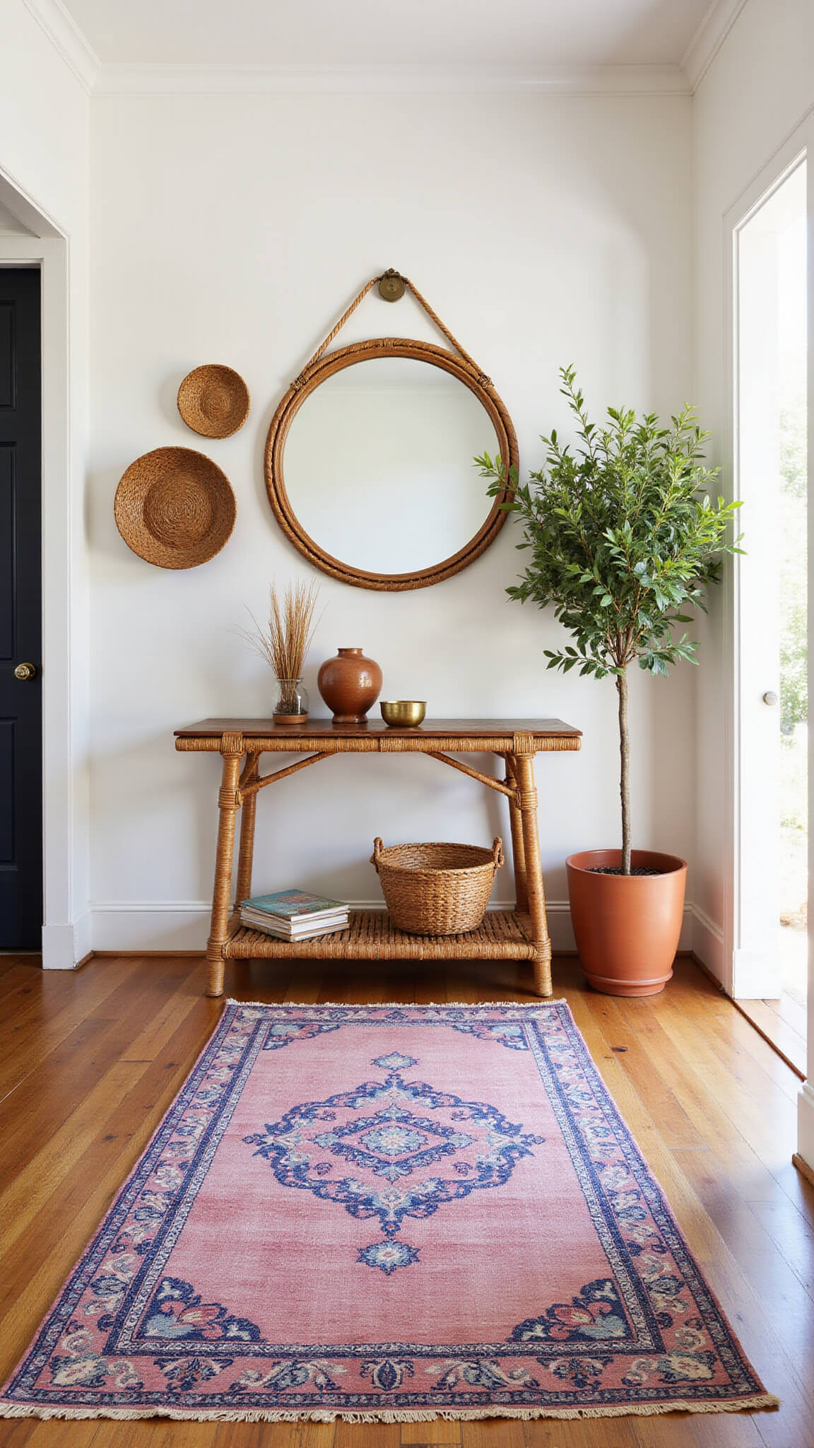 Low-angle view of sunlit 8x10ft entryway with vintage rose and indigo Turkish runner, rattan console table, ceramic vessel with pampas grass, round brass mirror, woven wall baskets, and potted olive tree in terracotta.