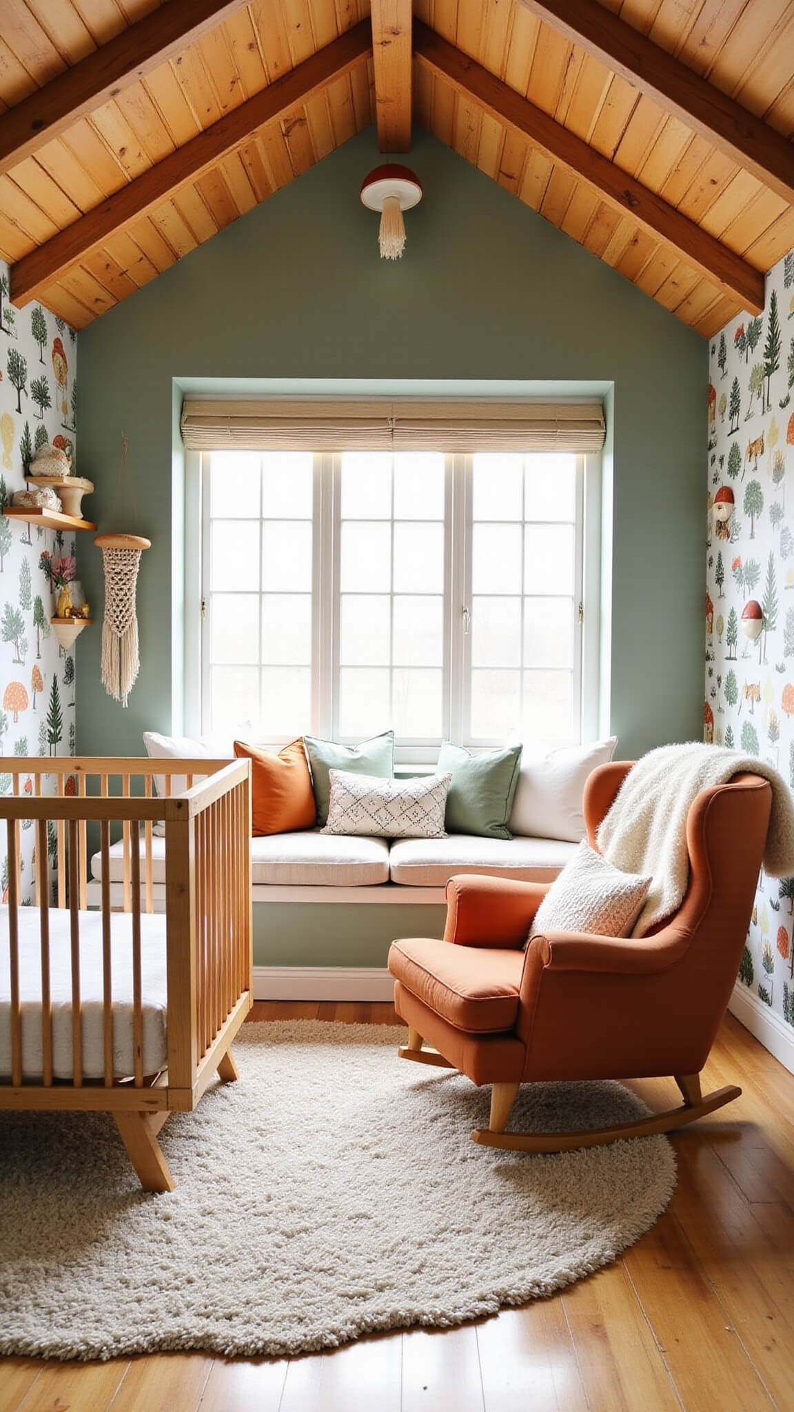 Cozy woodland-themed nursery with vaulted ceiling, exposed beams, forest wallpaper, natural wood crib, green accent wall with mushroom shelves, terracotta rocking chair, window seat nook, and soft golden hour lighting.