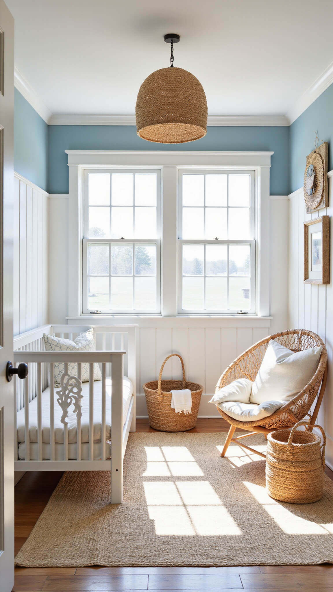 Coastal-themed nursery with white and pale blue walls, white crib with rope accents, rattan hanging chair, jute rug, surfboard art, and woven pendant light in airy 11x13ft room.