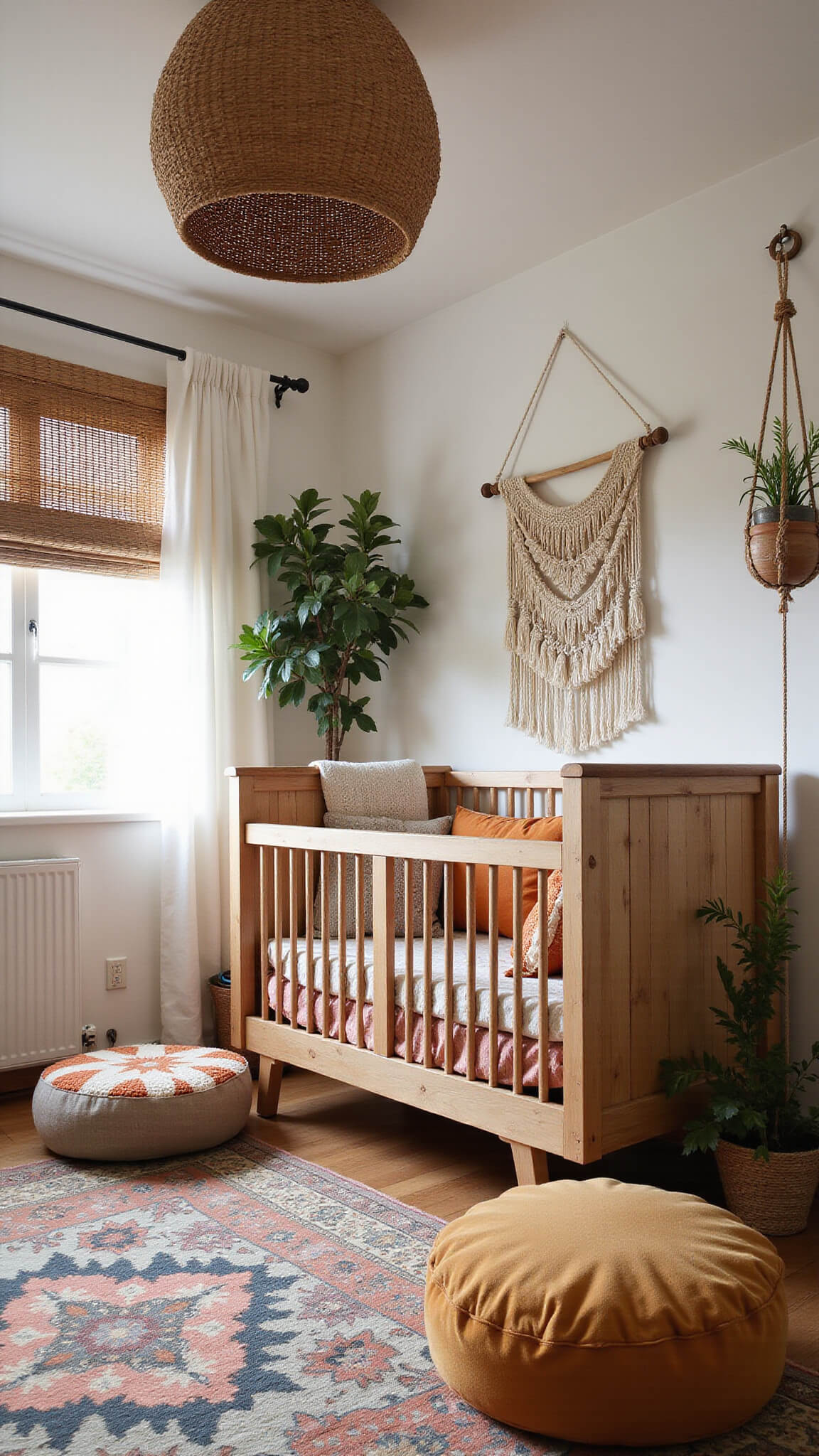 Boho chic nursery with rattan pendant, natural wood crib, mudcloth textiles, vintage rug, geometric floor cushions, and hanging plants in moody afternoon light.