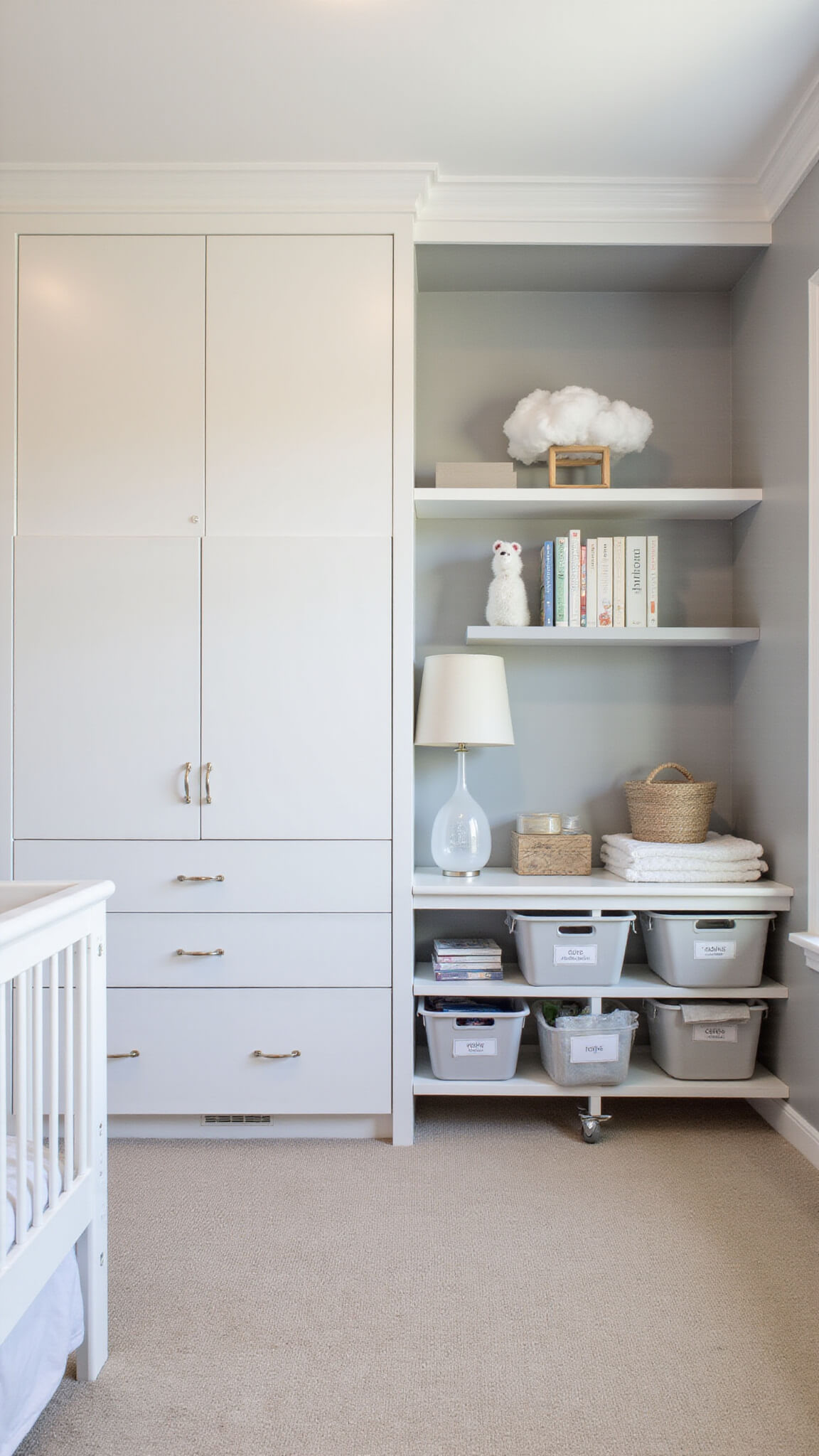 Well-organized 10x11ft nursery with white crib, under-crib storage, gray bookshelf wall, closet system, cloud shelves, rolling cart, and soft morning light.