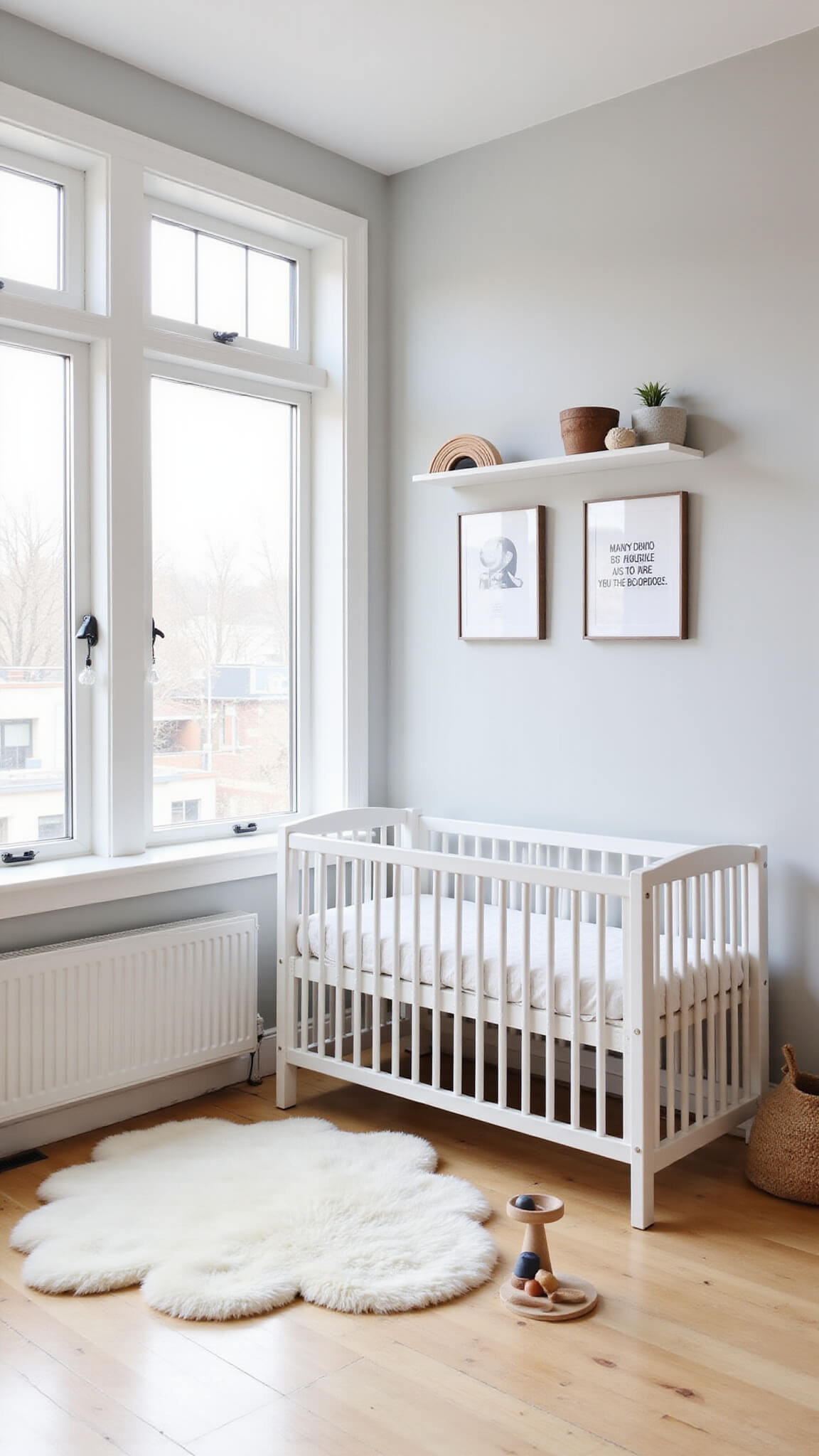Minimalist Scandinavian nursery with white crib, light wooden floors, sheepskin rug, and floating shelves in bright, airy corner room with morning light.