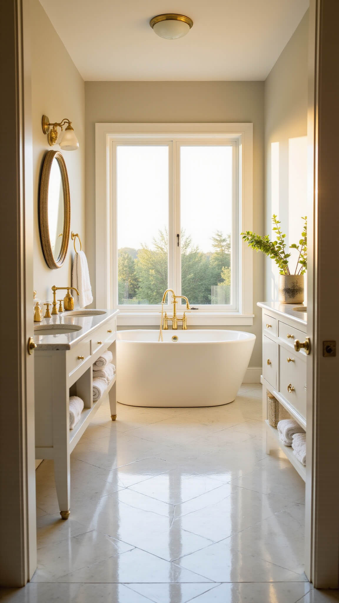 Sunlit master bathroom with white oval tub under large window, gold fixtures, marble herringbone floors, and floating double vanity with gold accents.