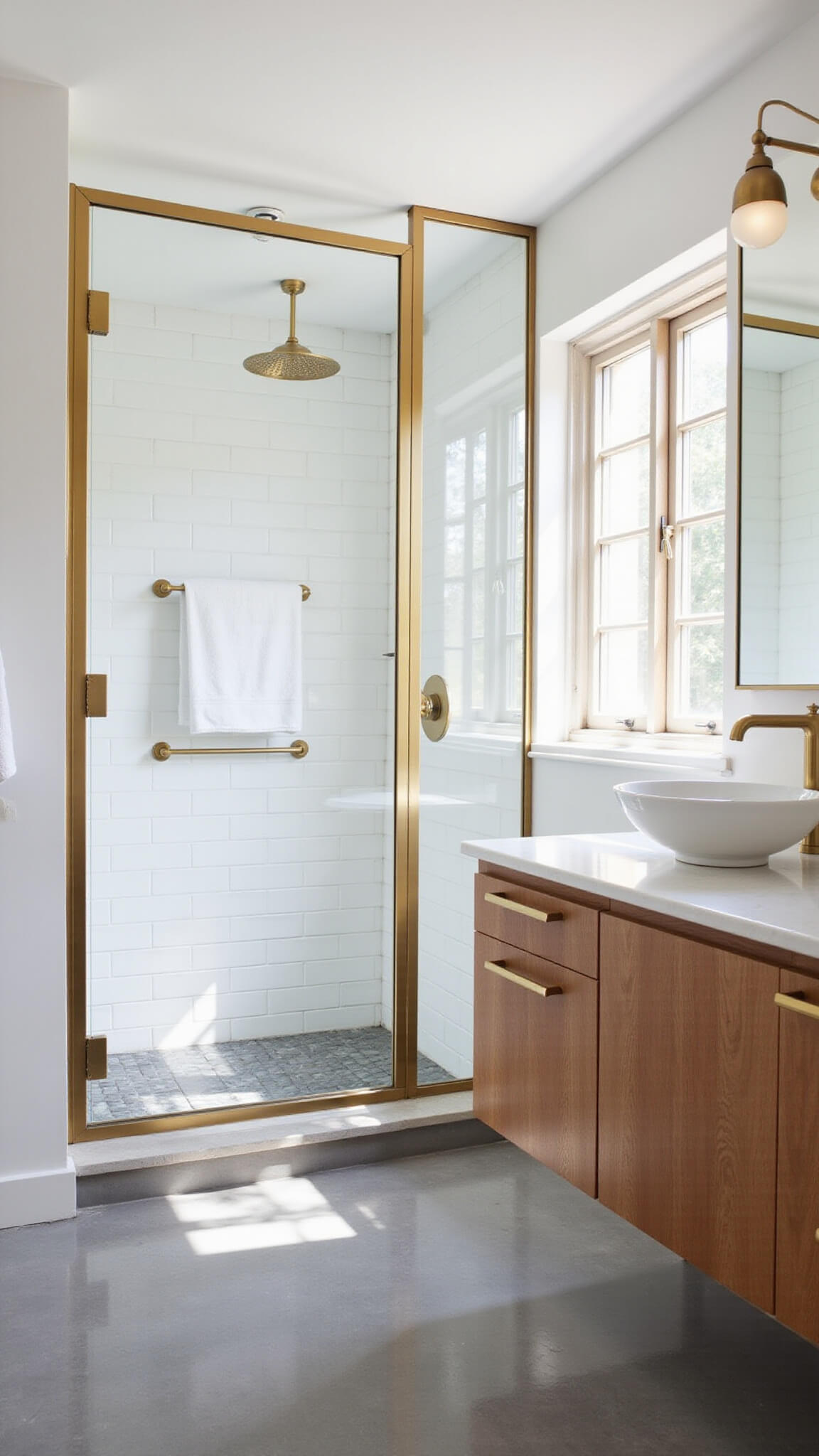 High-angle view of a bright contemporary bathroom with gold shower frame, white subway tiles, gray floors, and a wood floating vanity with gold accents.
